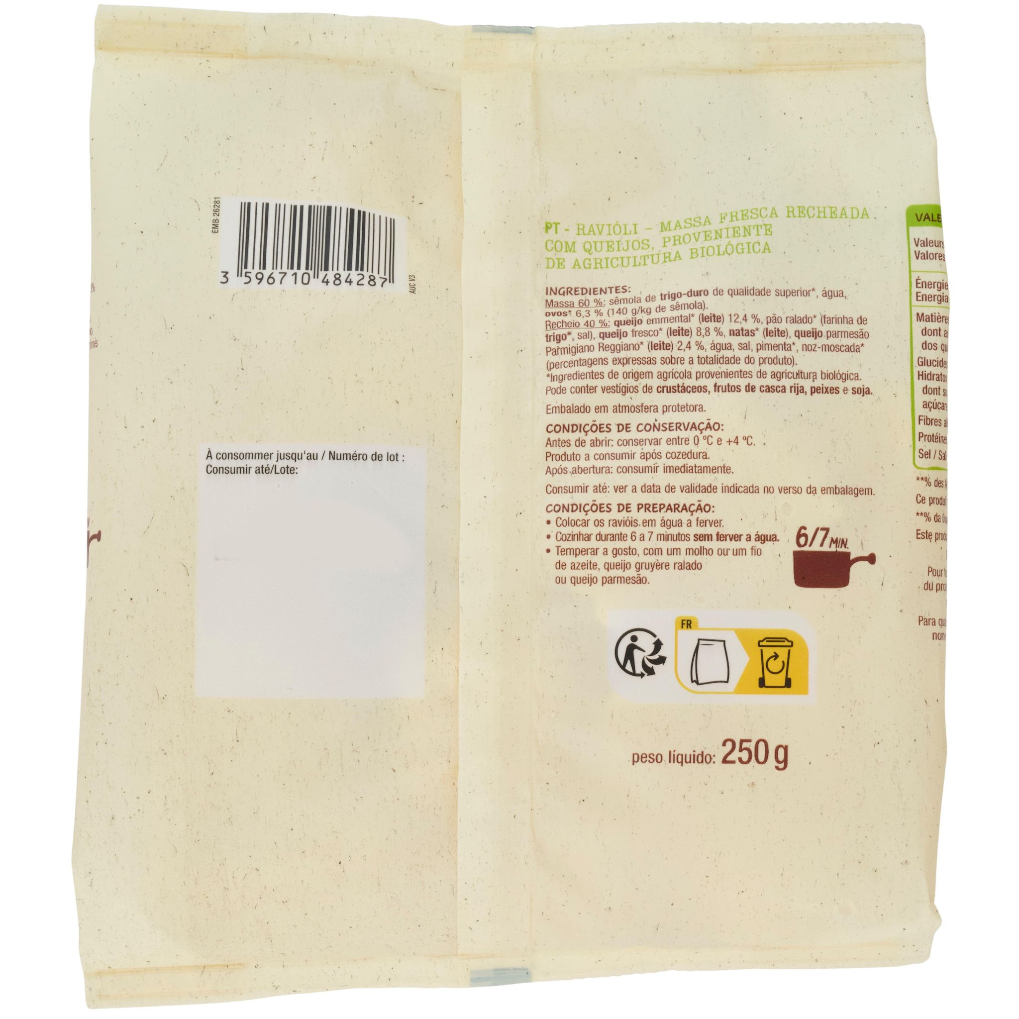 Voir la diapositive 3 : AUCHAN BIO Ravioli 3 fromages 2 parts 250g