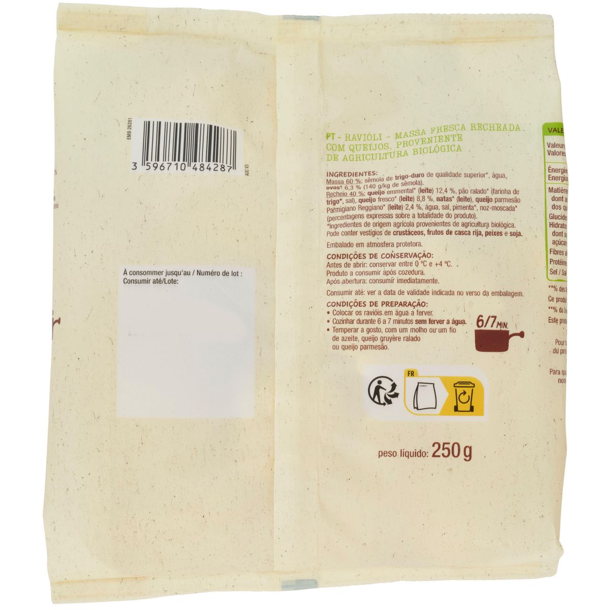 AUCHAN BIO Ravioli 3 fromages 2 parts 250g