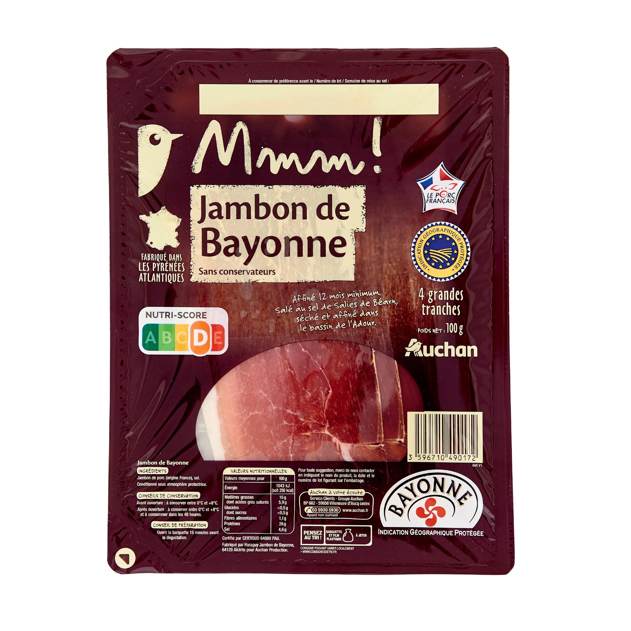 Voir la diapositive 2 : AUCHAN TERROIR Jambon de Bayonne IGP affiné 12 mois 4 tranches 100g