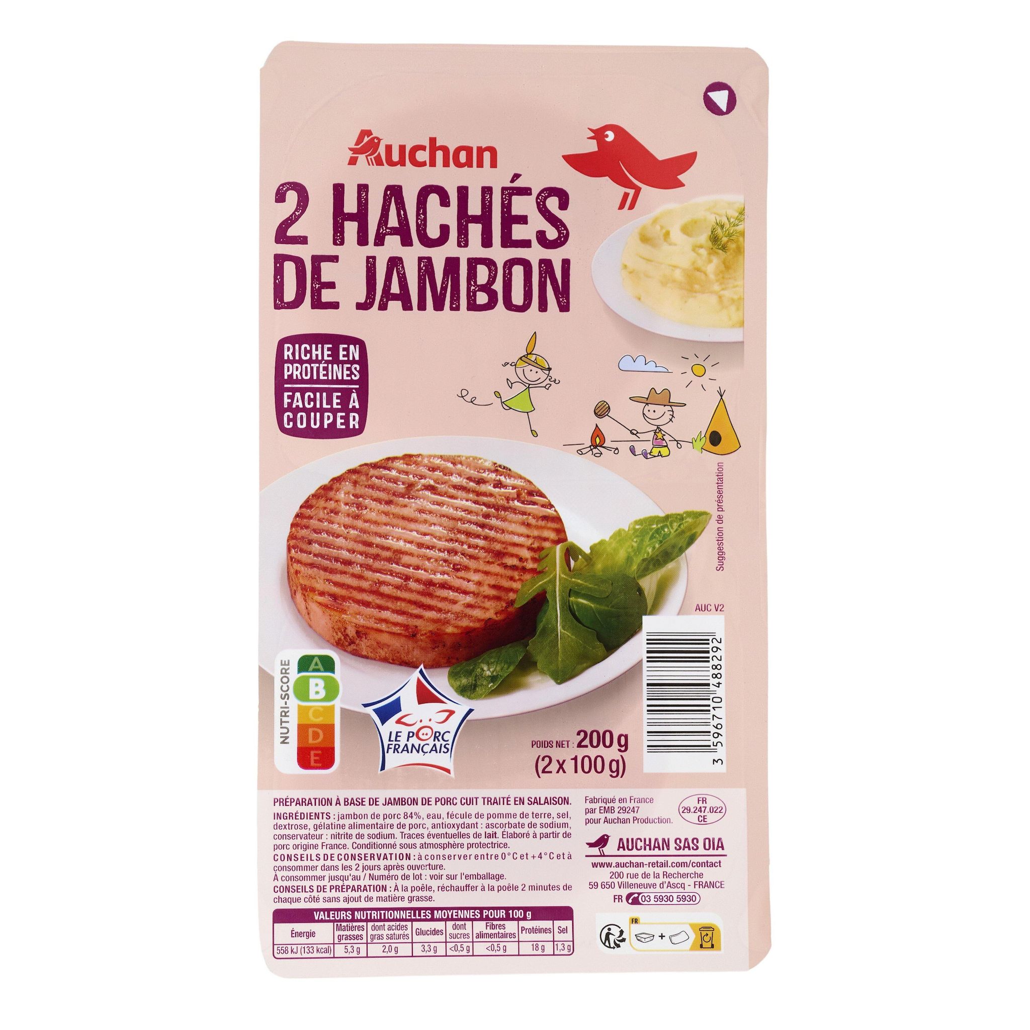 Voir la diapositive 2 : AUCHAN Hachés de jambon 2 pièces 2x100g