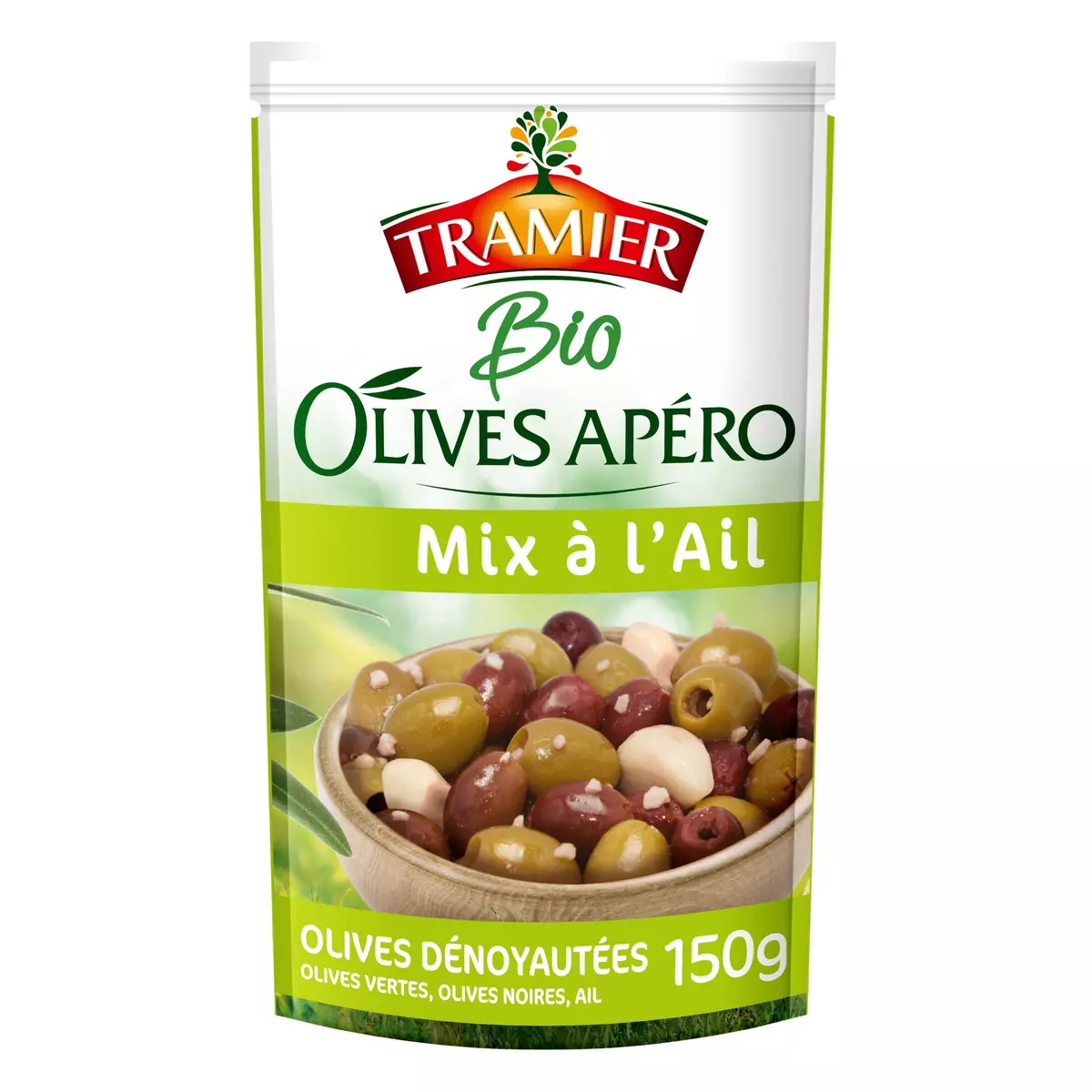 TRAMIER Olives apéro mix à l'ail bio en sachet 150g