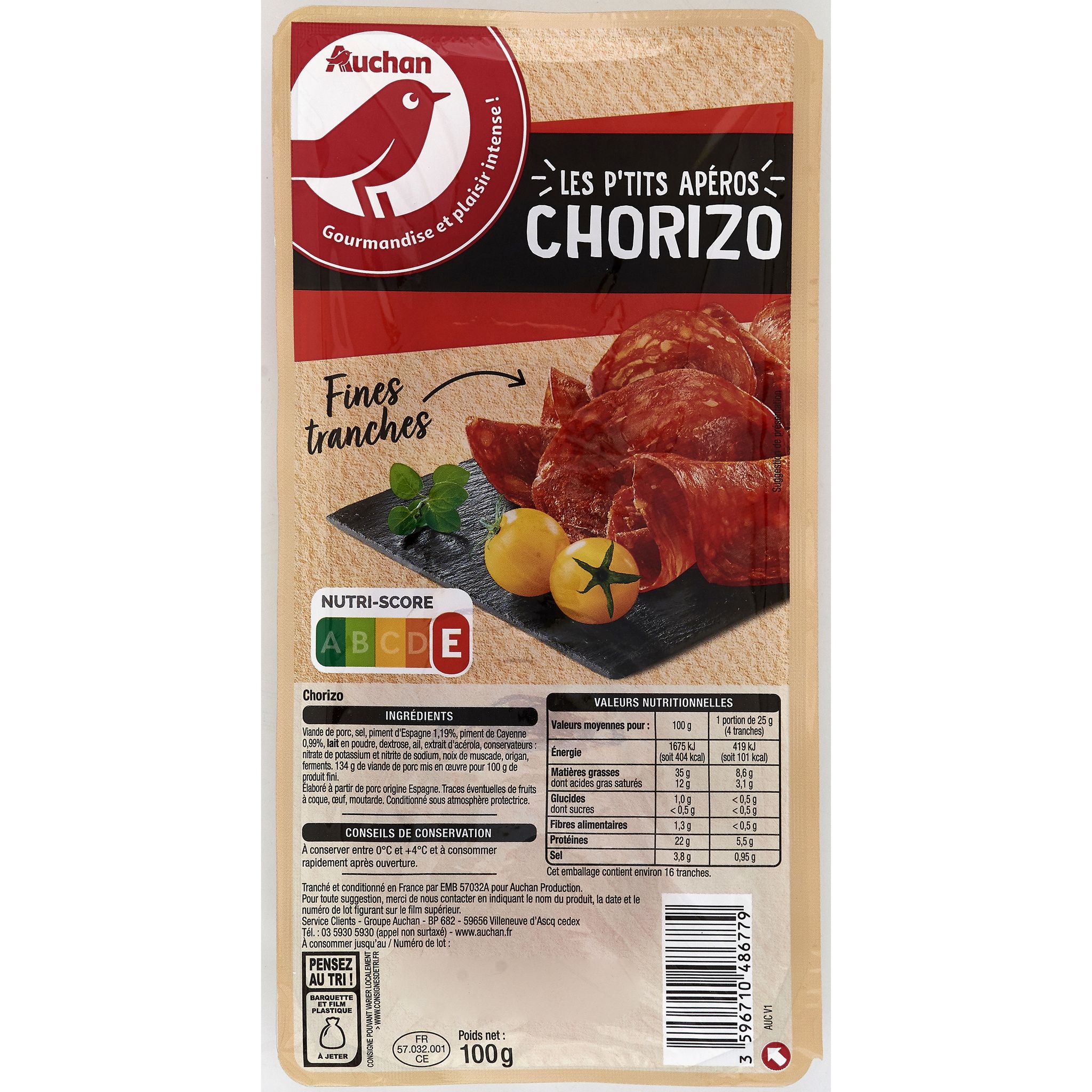 AUCHAN Les p'tits apéros chorizo fines tranches 100g