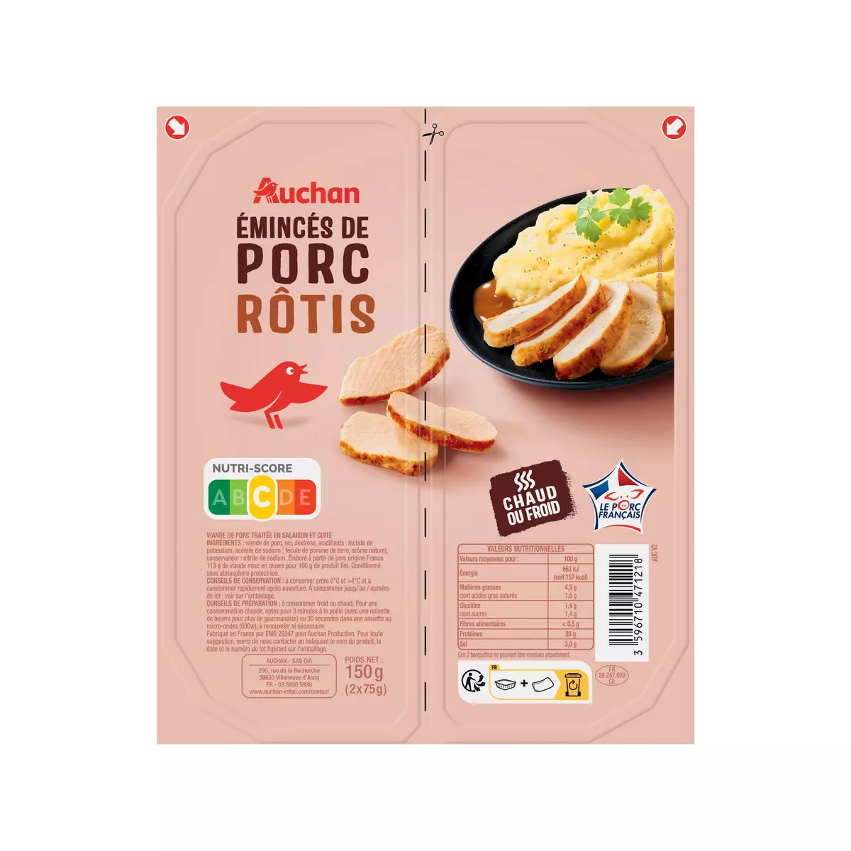 AUCHAN Emincés de porc rôtis 2x75g
