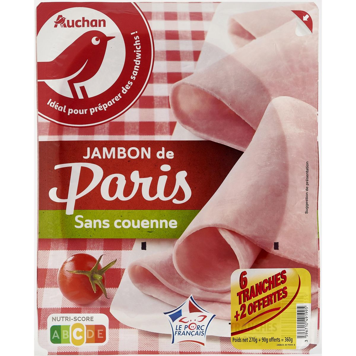 AUCHAN Jambon de Paris sans couenne 6 tranches + 2 offertes