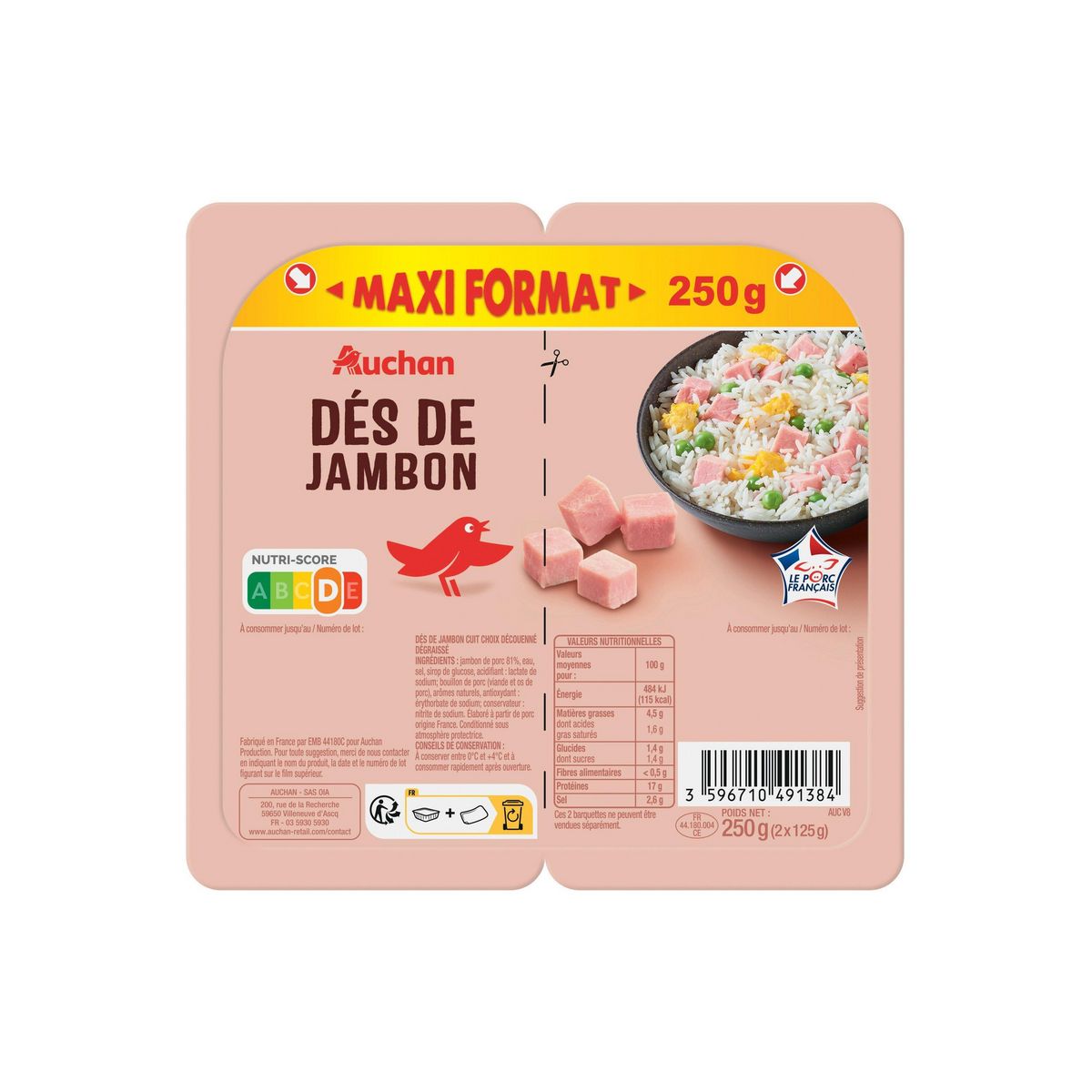 AUCHAN Dès de jambon nature 2x125g