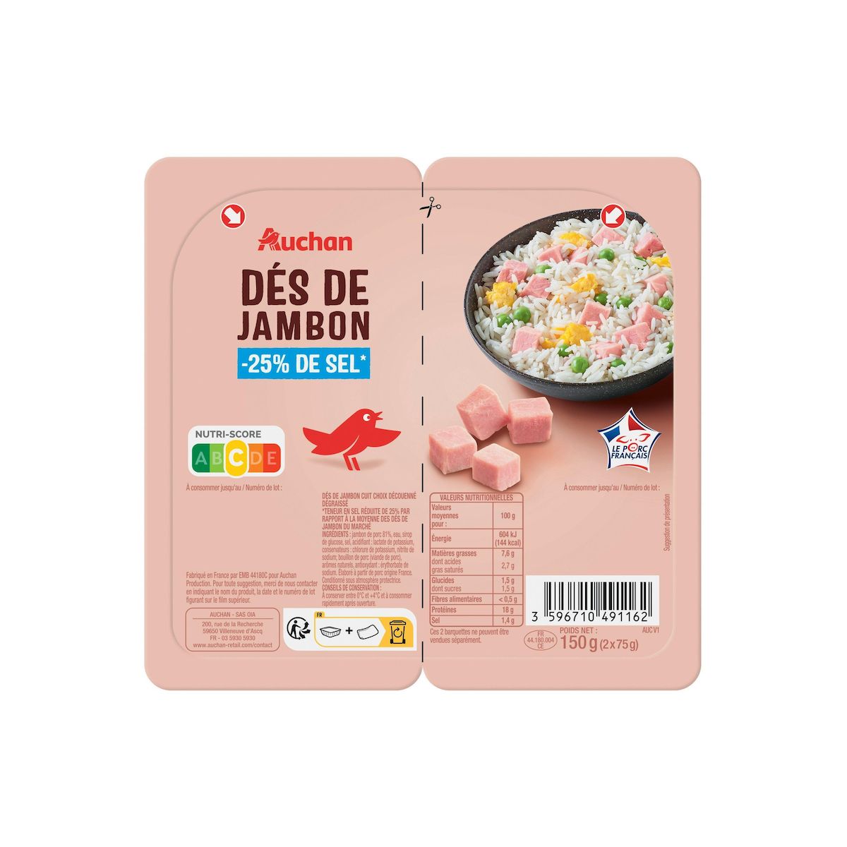 AUCHAN Dés de jambon nature réduit en sel 2x75g