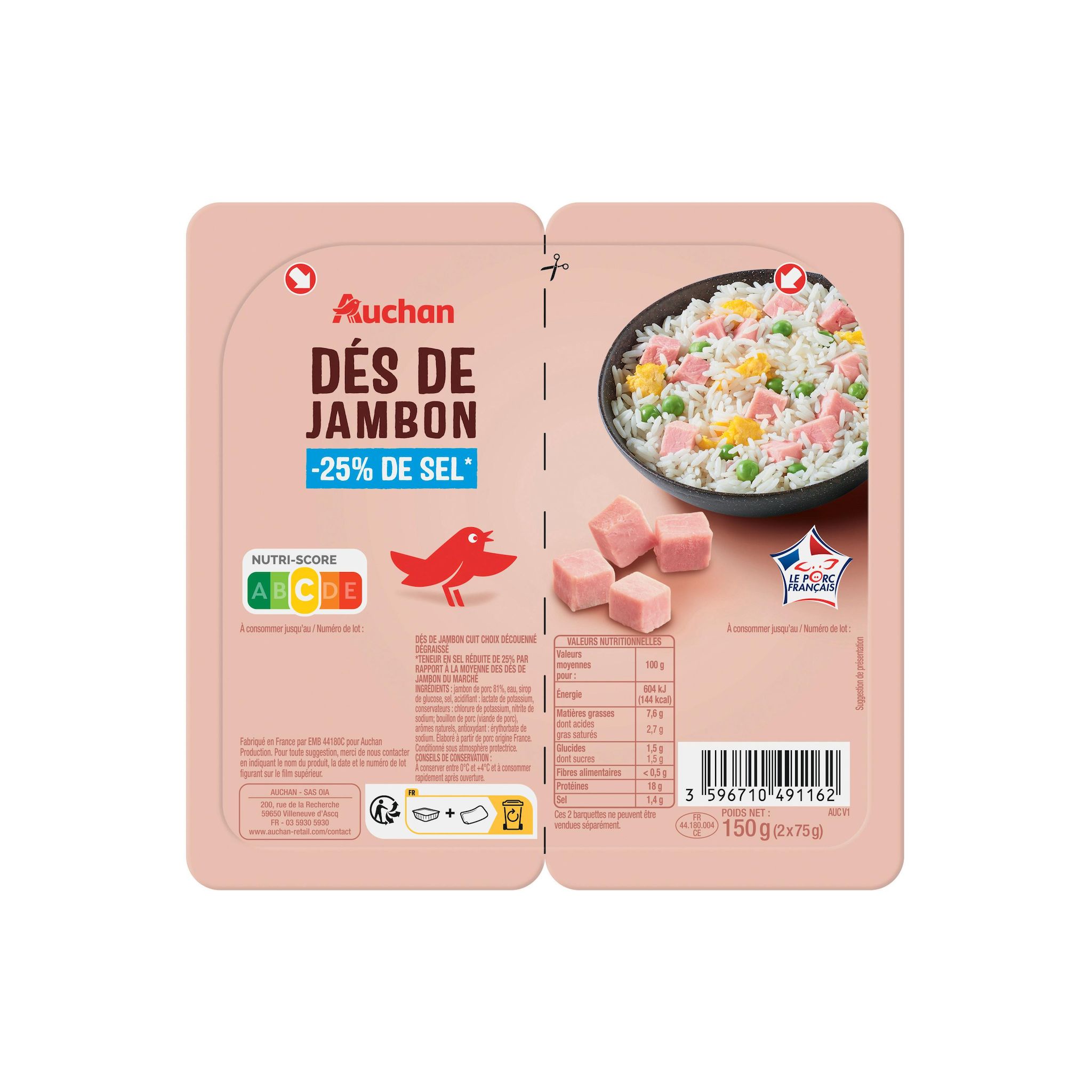 Voir la diapositive 2 : AUCHAN Dés de jambon nature réduit en sel 2x75g