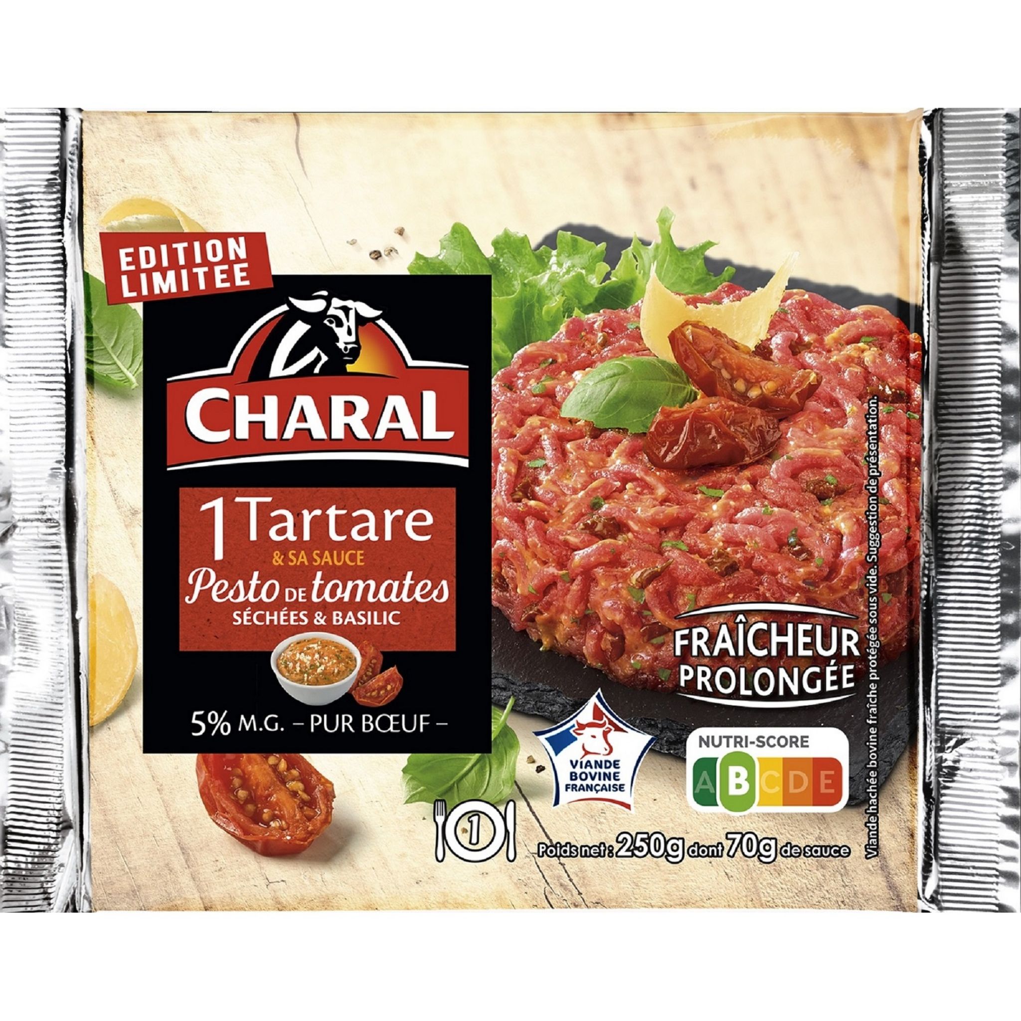 Voir la diapositive 1 : CHARAL Tartare pur bœuf 5% MG et sa sauce pesto de tomates séchées et basilic 1 pièce 250g