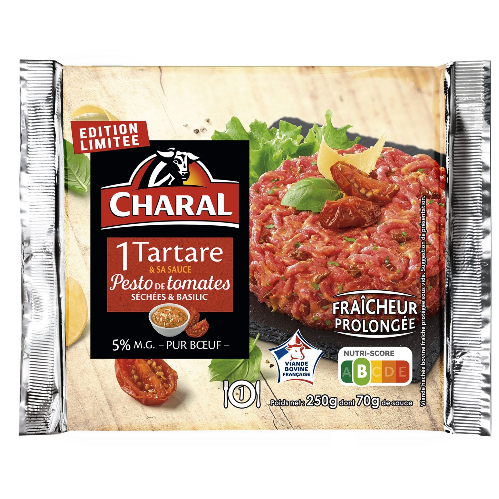 Voir la diapositive 2 : CHARAL Tartare pur bœuf 5% MG et sa sauce pesto de tomates séchées et basilic 1 pièce 250g