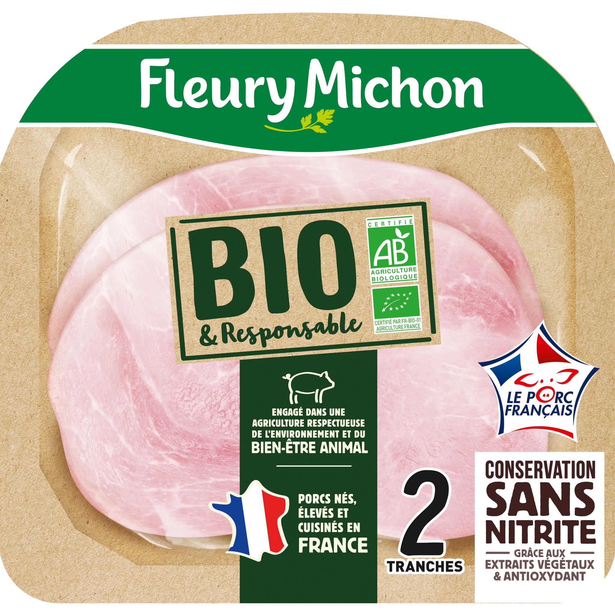 FLEURY MICHON Jambon bio sans nitrite 2 tranches 60g