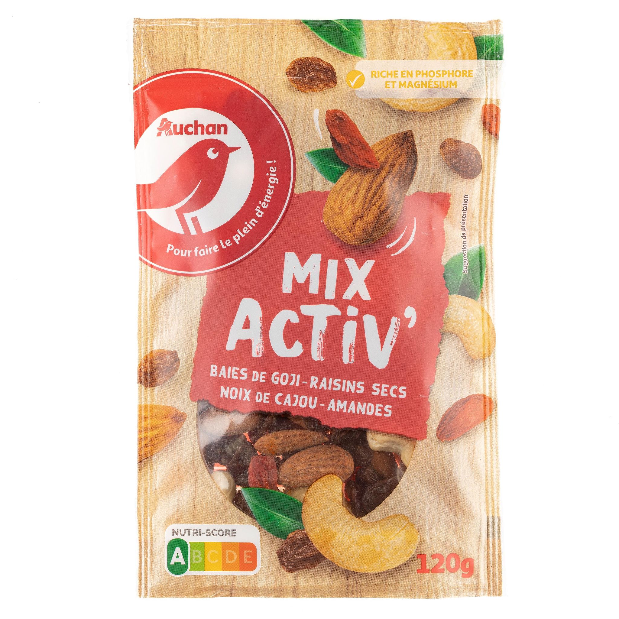AUCHAN Baies de goji raisins secs noix de cajou et amandes Mix Activ' 120g