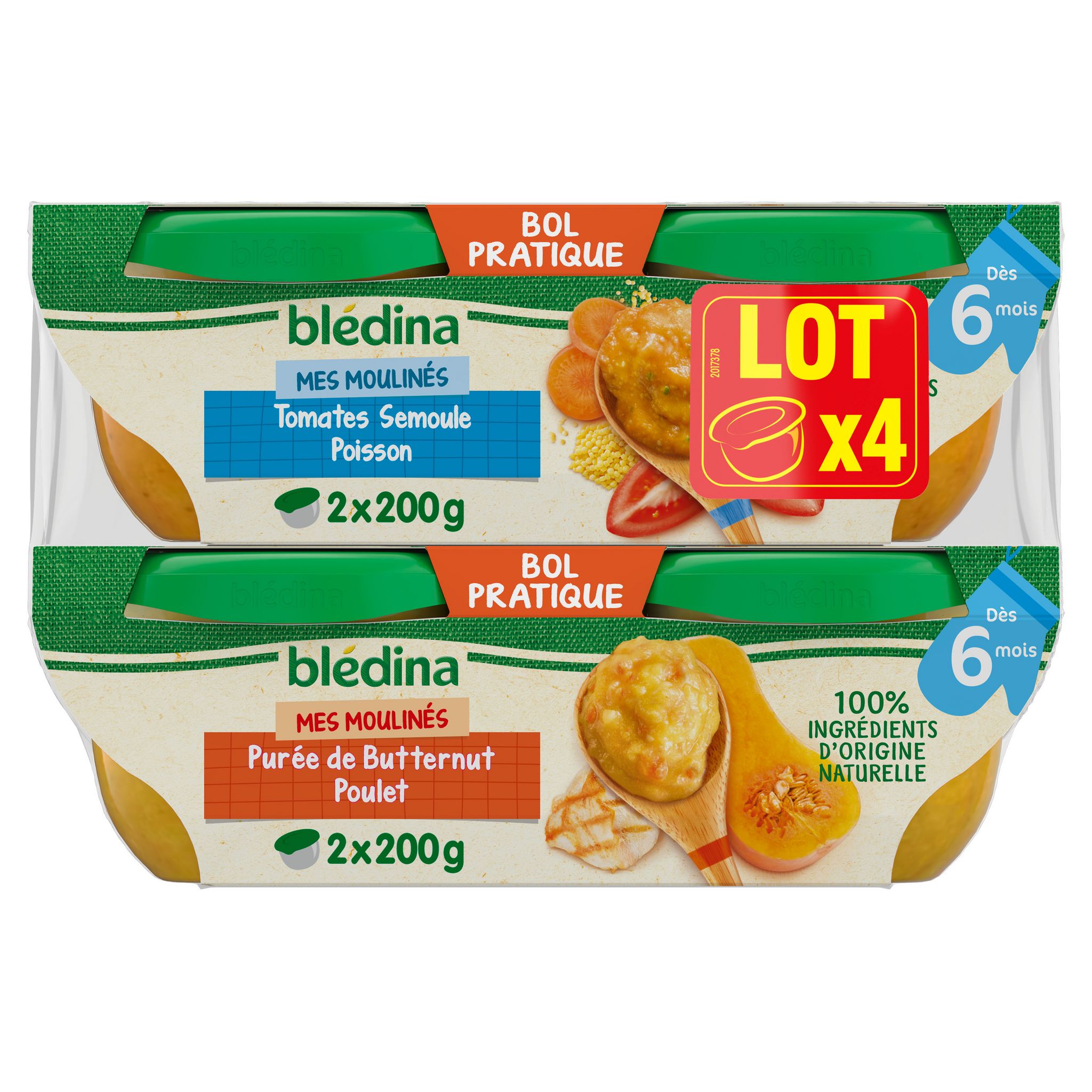 BLEDINA Bols Mes Moulinés – Dès 8 Mois – 2× Petits Légumes Saumon Pacifique + 2× Taboulé Petits Légumes – 4×200 G