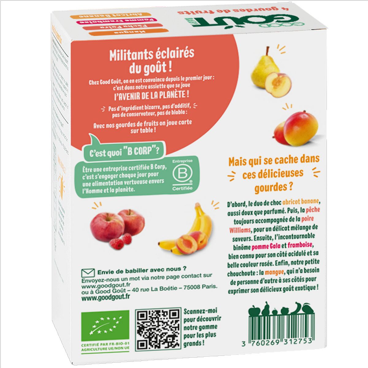 GOOD GOUT Gourdes dessert multifruits mangue pêche poire pomme framboise abricot banane bio dès 4 mois 4x120g