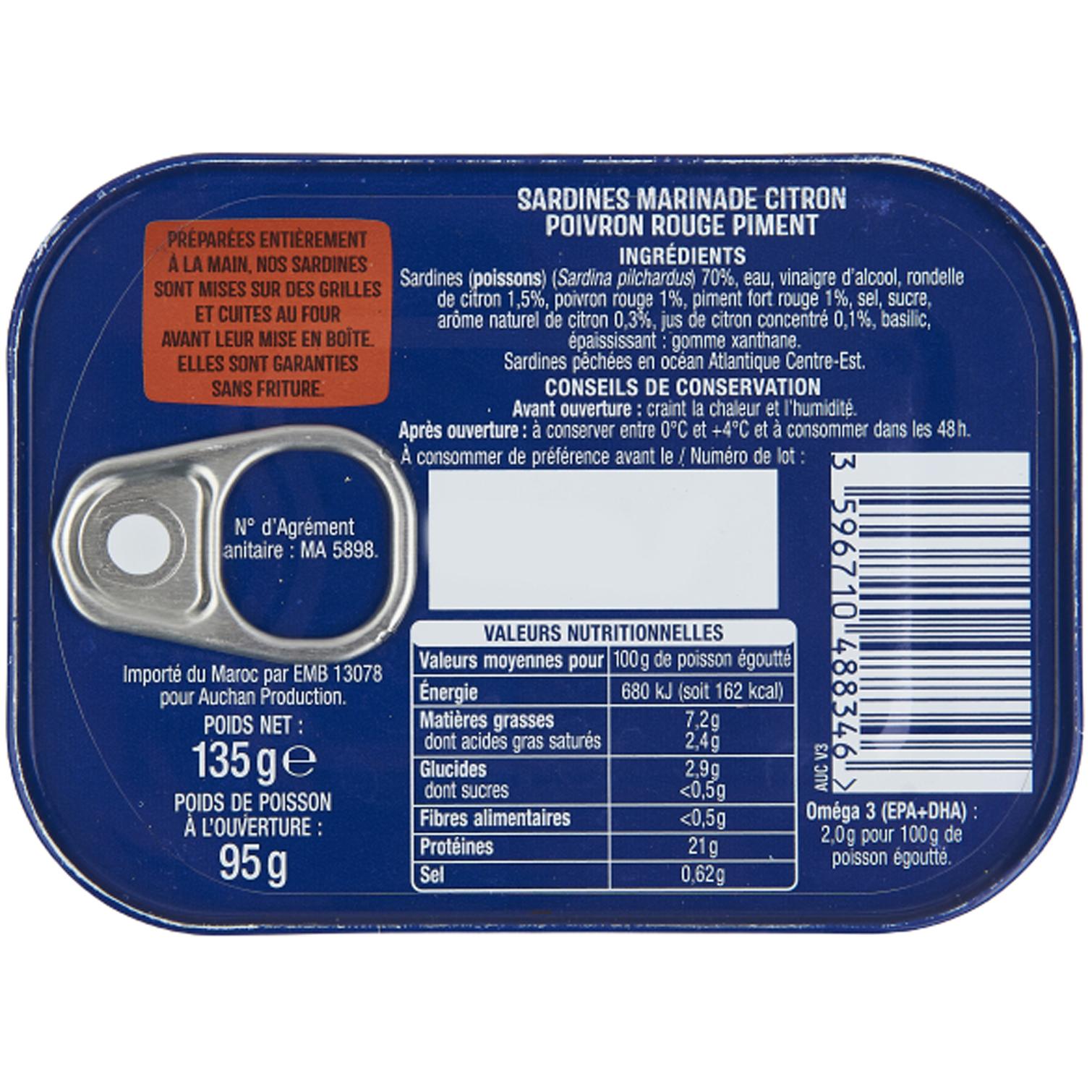 Voir la diapositive 2 : AUCHAN Sardines sans huile marinade citron poivron et piment 95g