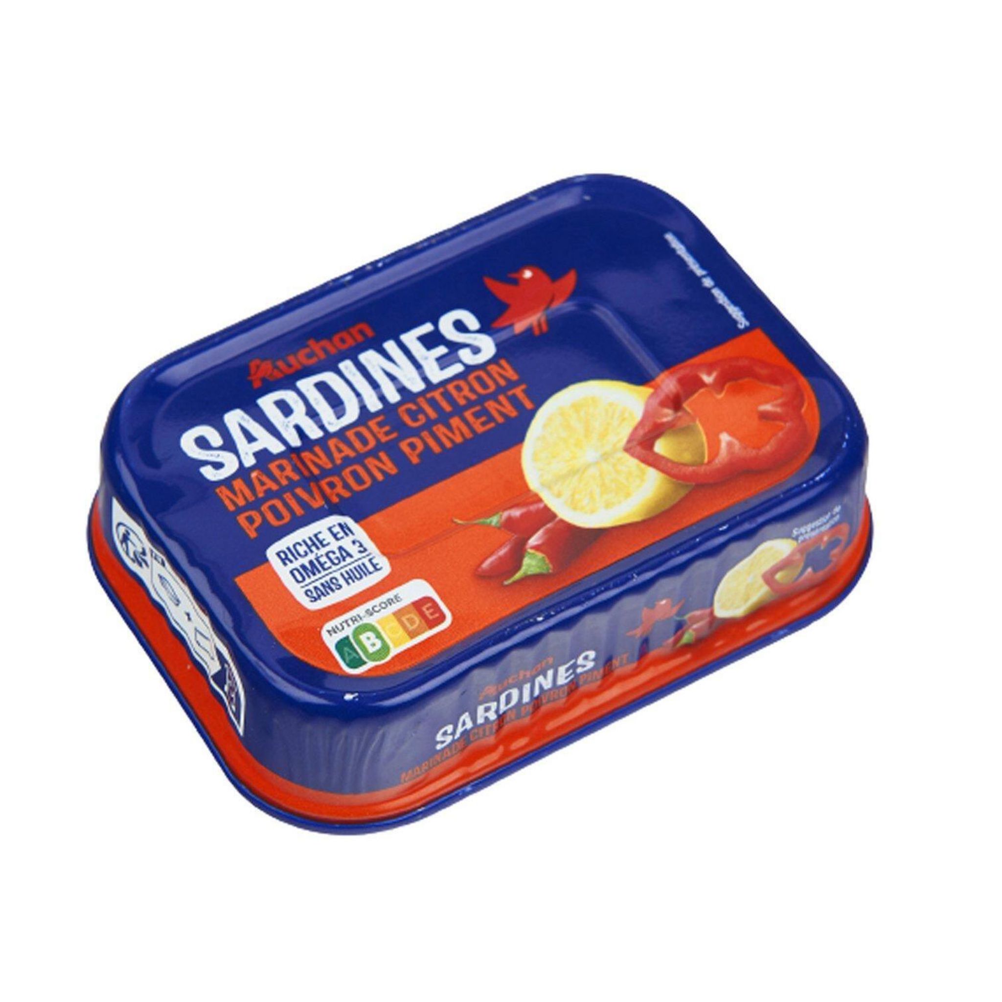 Voir la diapositive 3 : AUCHAN Sardines sans huile marinade citron poivron et piment 95g