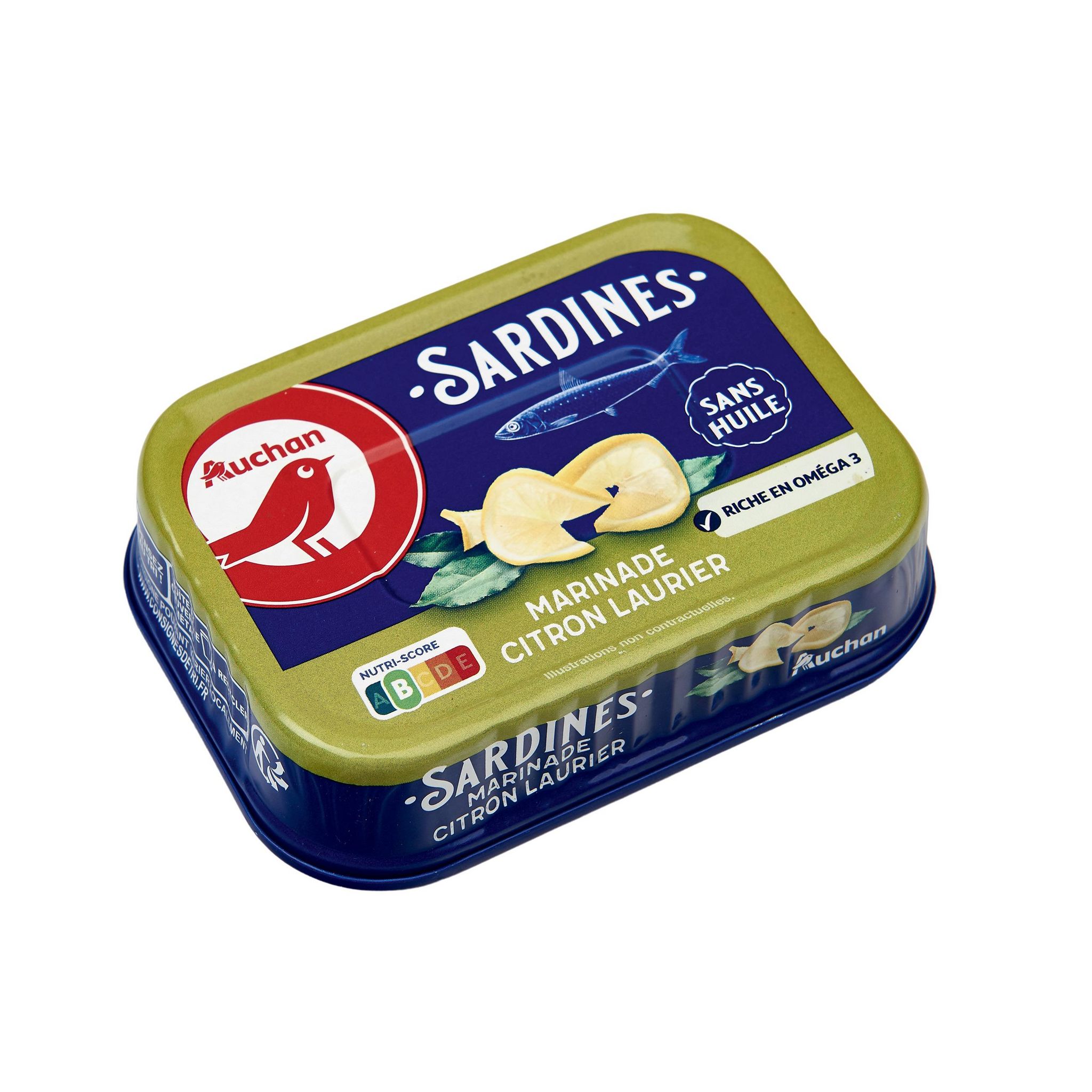 Voir la diapositive 2 : AUCHAN Sardines sans huile marinade citron laurier 135g