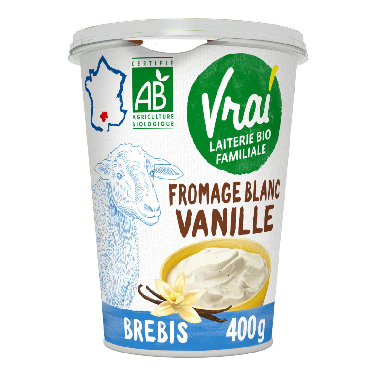 VRAI Fromage blanc au lait bio de brebis saveur vanille 400g