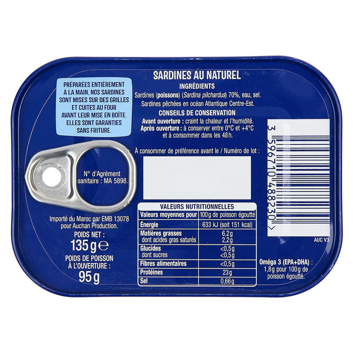 AUCHAN Sardines au naturel 135g