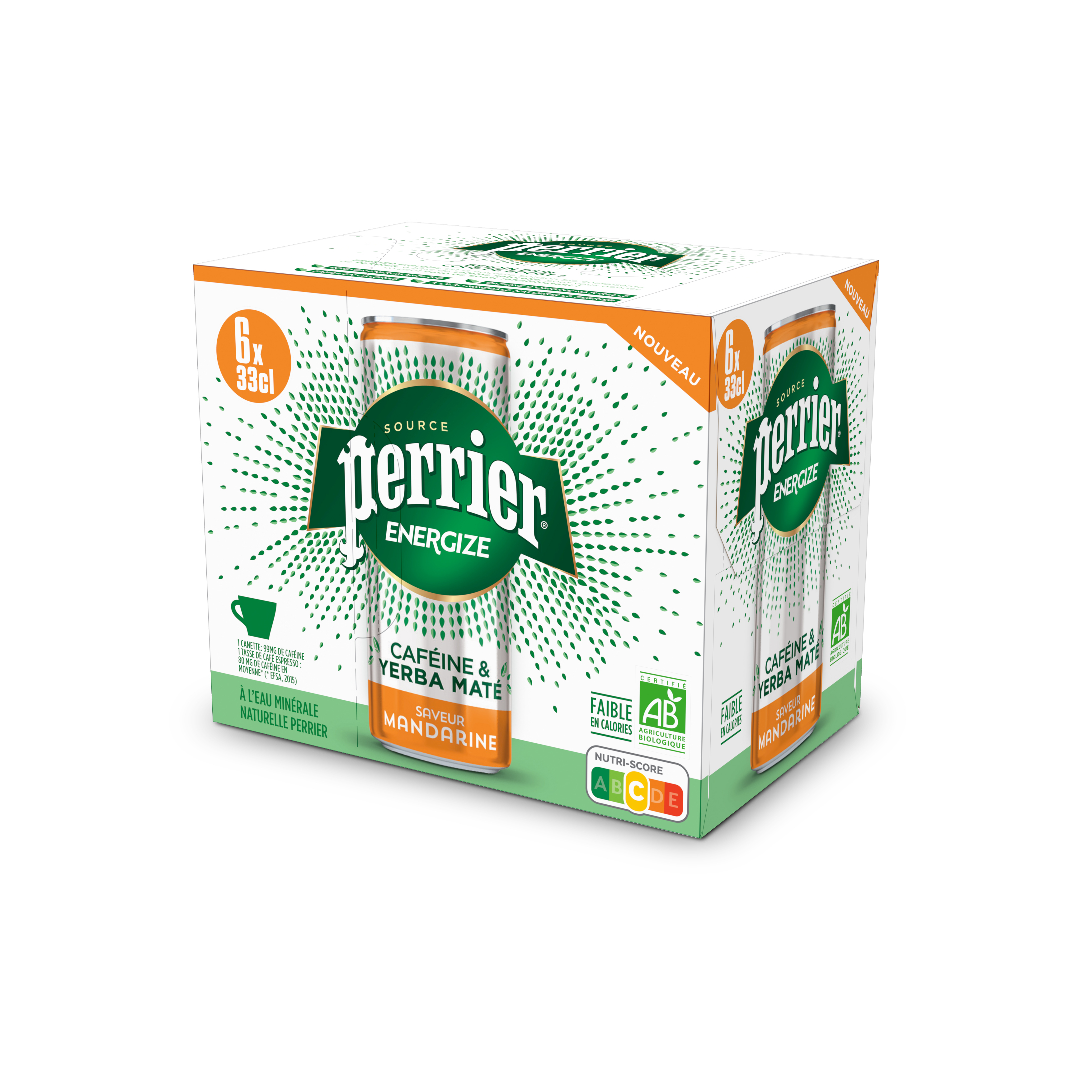 Voir la diapositive 2 : PERRIER Eau minérale gazeuse Energize bio saveur mandarine en boîtes 6x33cl