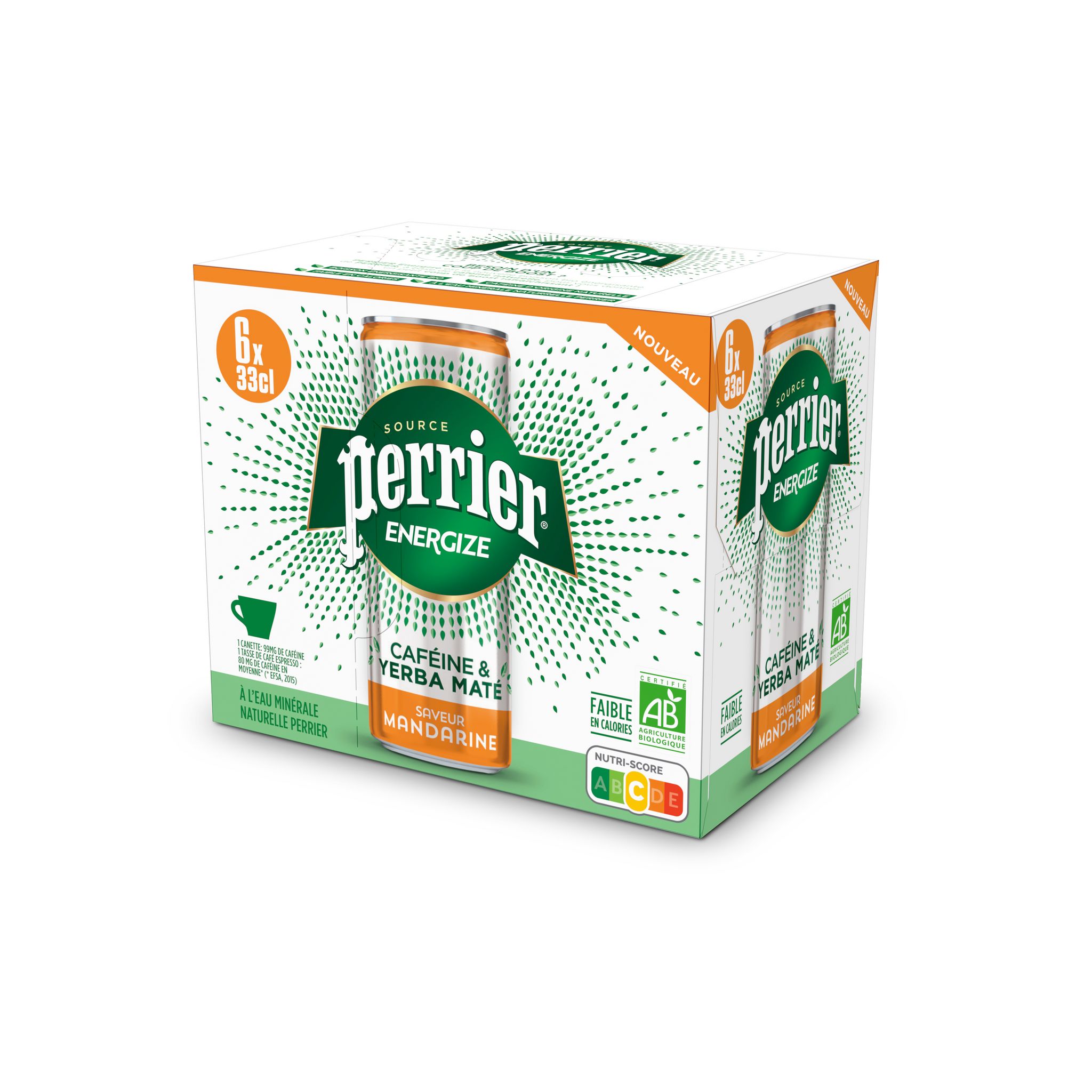 Voir la diapositive 2 : PERRIER Eau minérale gazeuse Energize bio saveur mandarine en boîtes 6x33cl