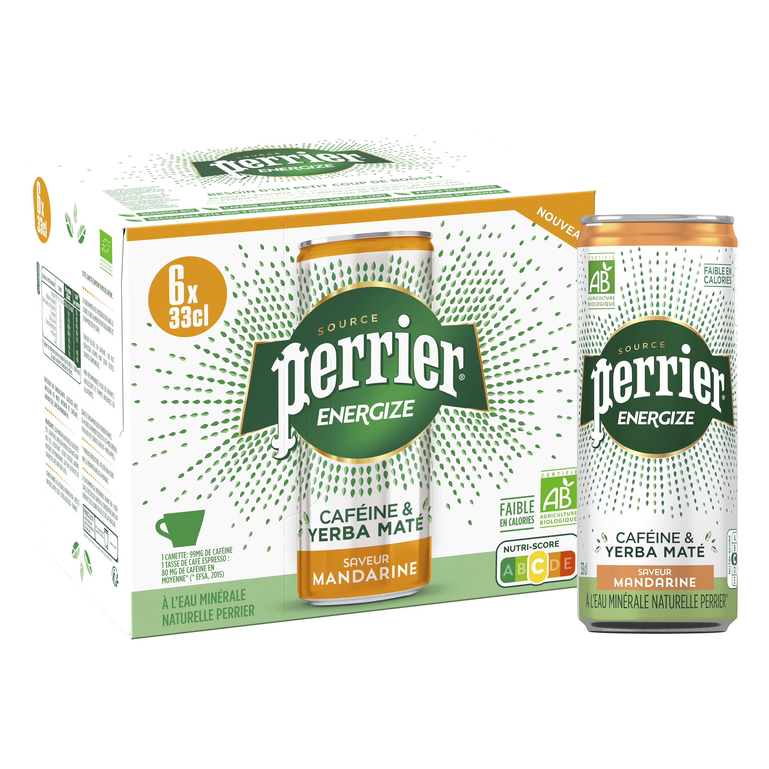 Voir la diapositive 3 : PERRIER Eau minérale gazeuse Energize bio saveur mandarine en boîtes 6x33cl