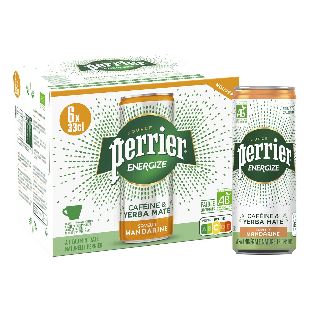PERRIER Eau minérale gazeuse Energize bio saveur mandarine en boîtes 6x33cl