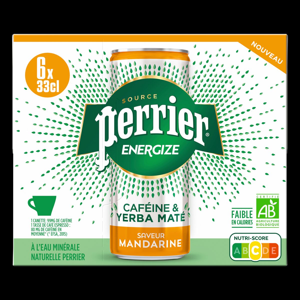 PERRIER Eau minérale gazeuse Energize bio saveur mandarine en boîtes 6x33cl
