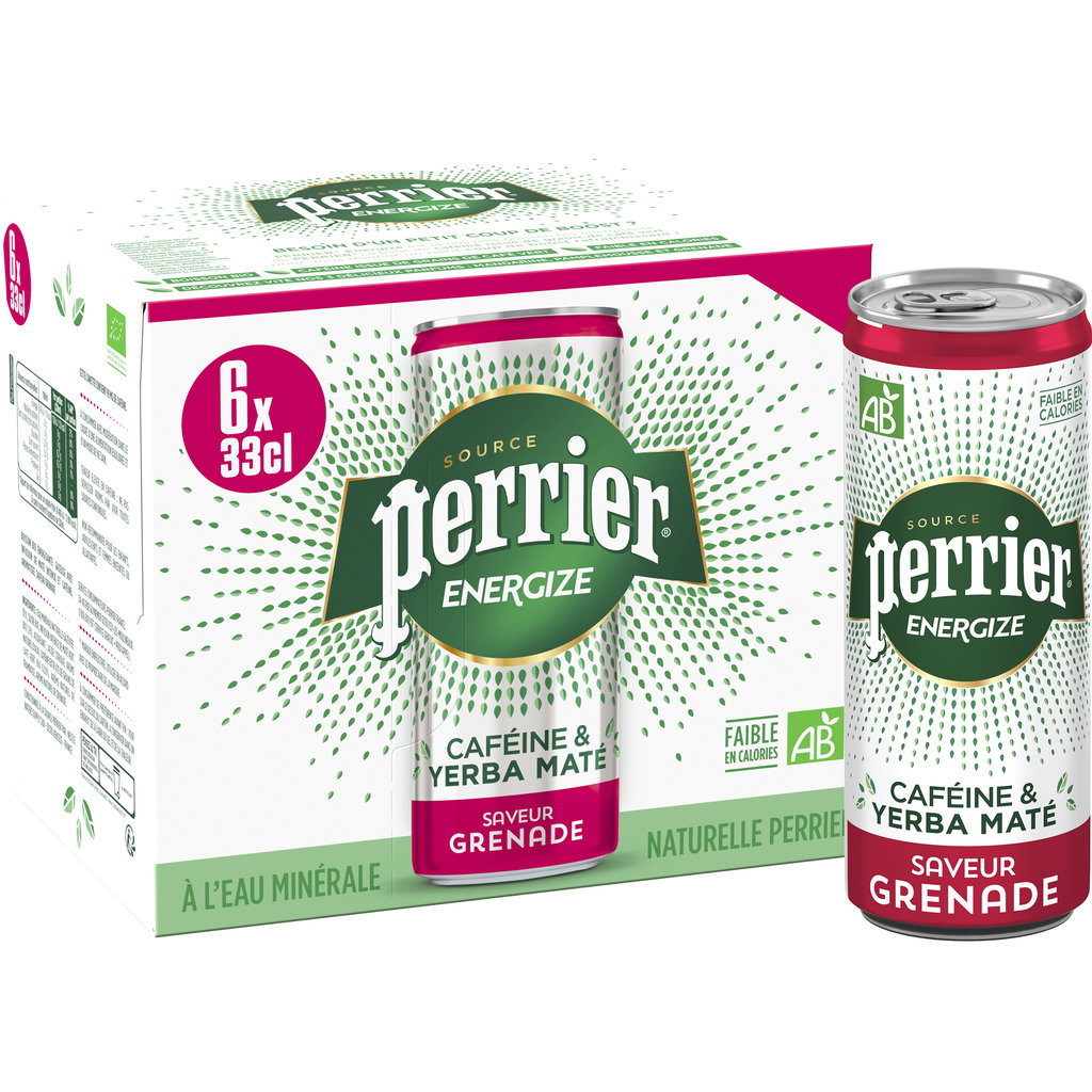 PERRIER Eau minérale gazeuse Energize bio saveur grenade boîtes 6x33cl