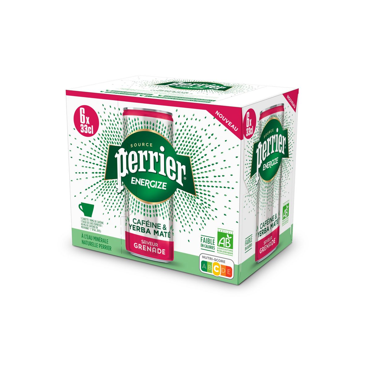 PERRIER Eau minérale gazeuse Energize bio saveur grenade boîtes 6x33cl