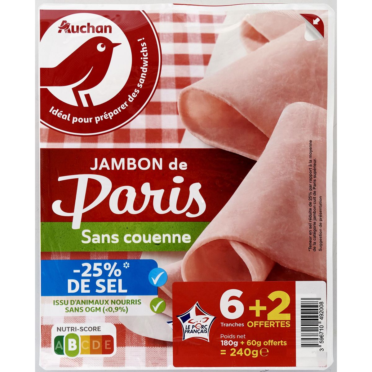AUCHAN Jambon de Paris réduit en sel sans couenne 6 tranches + 2 offertes 240g