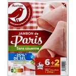 AUCHAN Jambon de Paris réduit en sel sans couenne 6 tranches + 2 offertes 240g