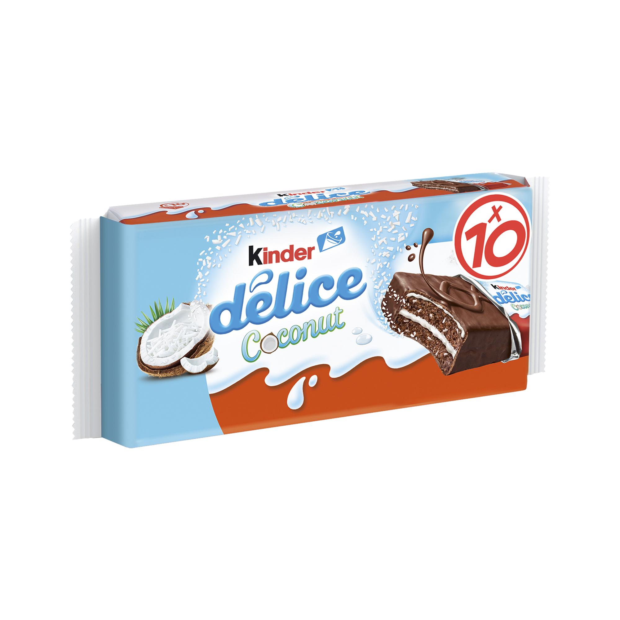 Voir la diapositive 2 : KINDER Délice Coconut Gâteaux noix de coco enrobés de chocolat sachets individuels 10 gâteaux 370g