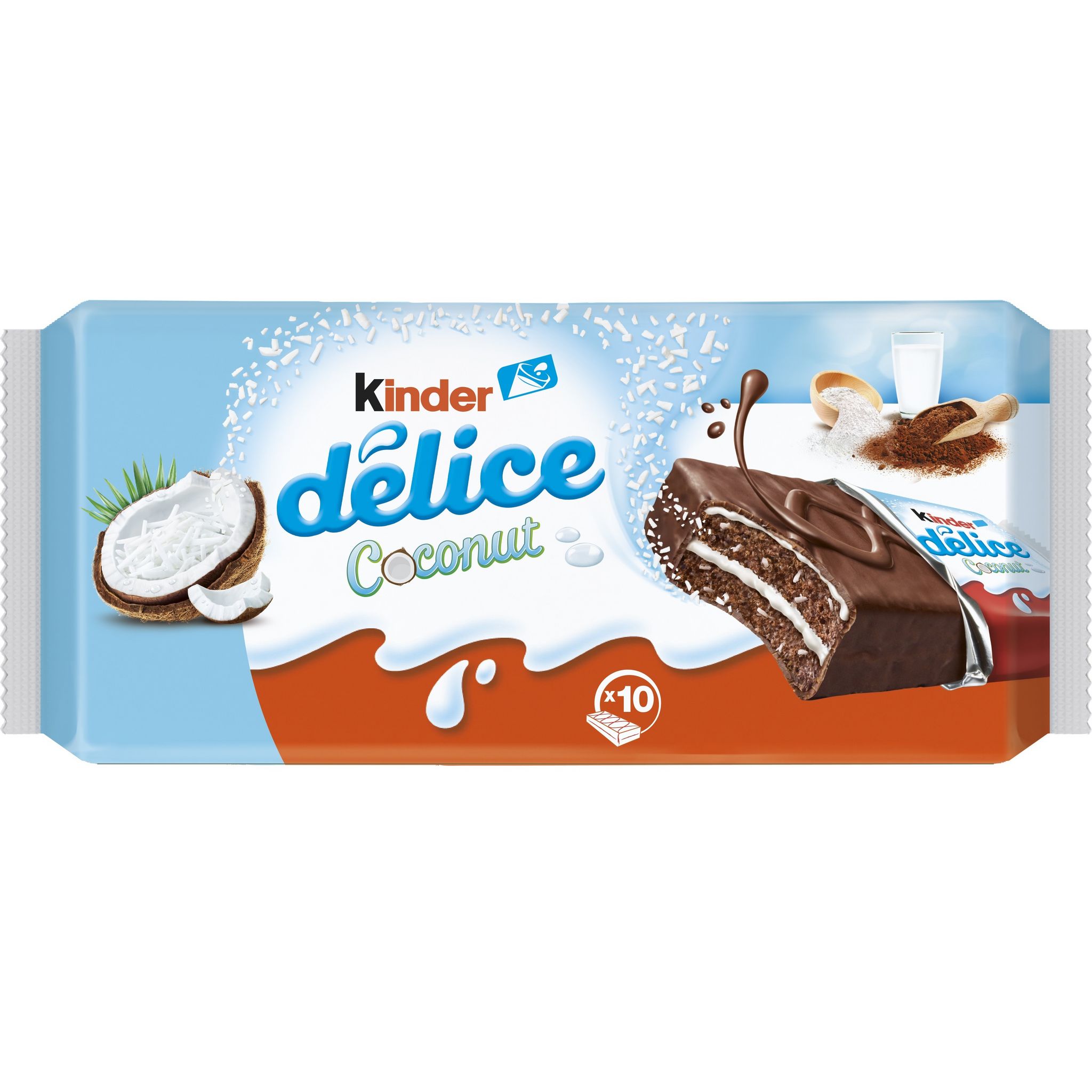 Voir la diapositive 2 : KINDER Délice Coconut Gâteaux noix de coco enrobés de chocolat sachets individuels 10 gâteaux 370g