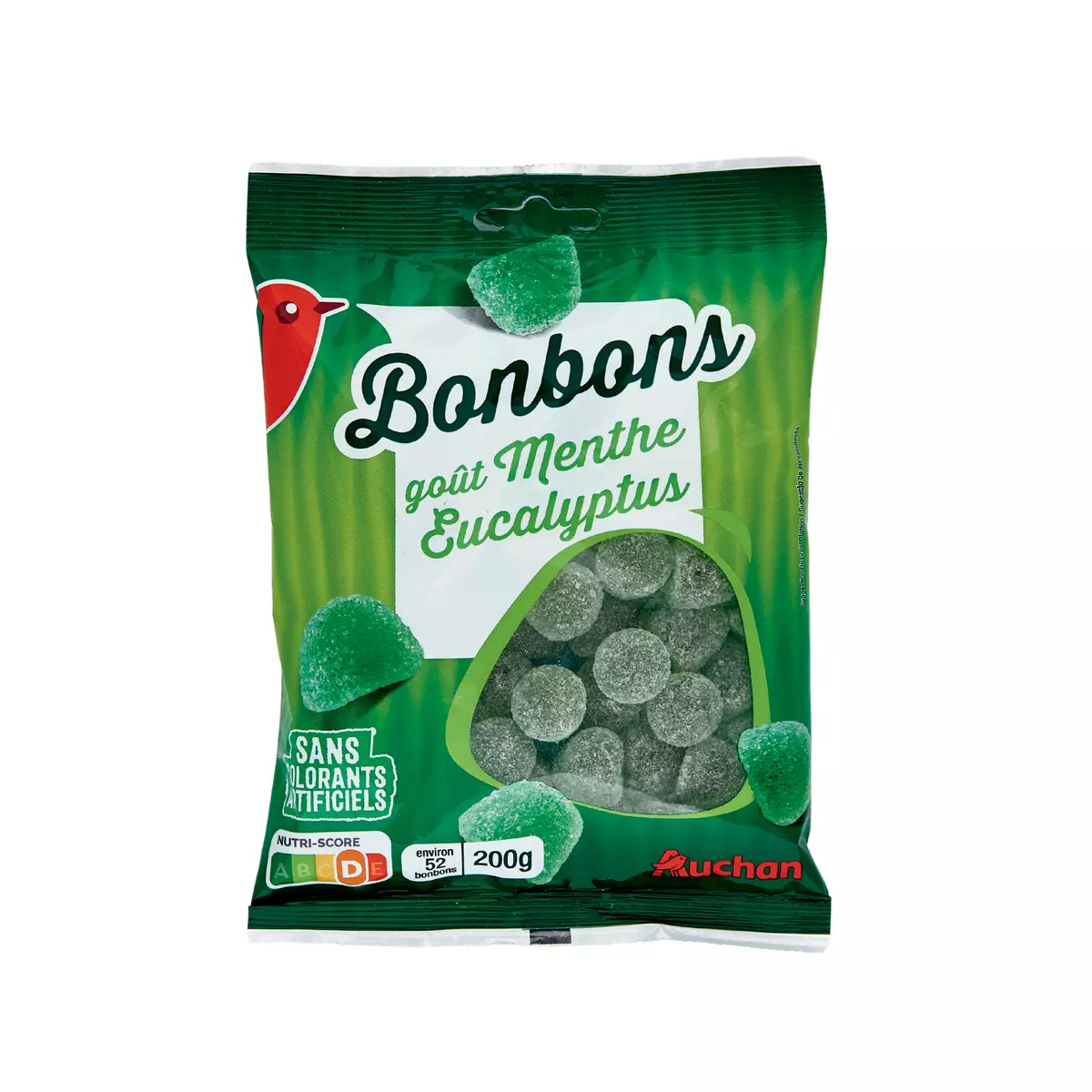 AUCHAN Bonbons goût menthe eucalyptus environ 52 bonbons 200g