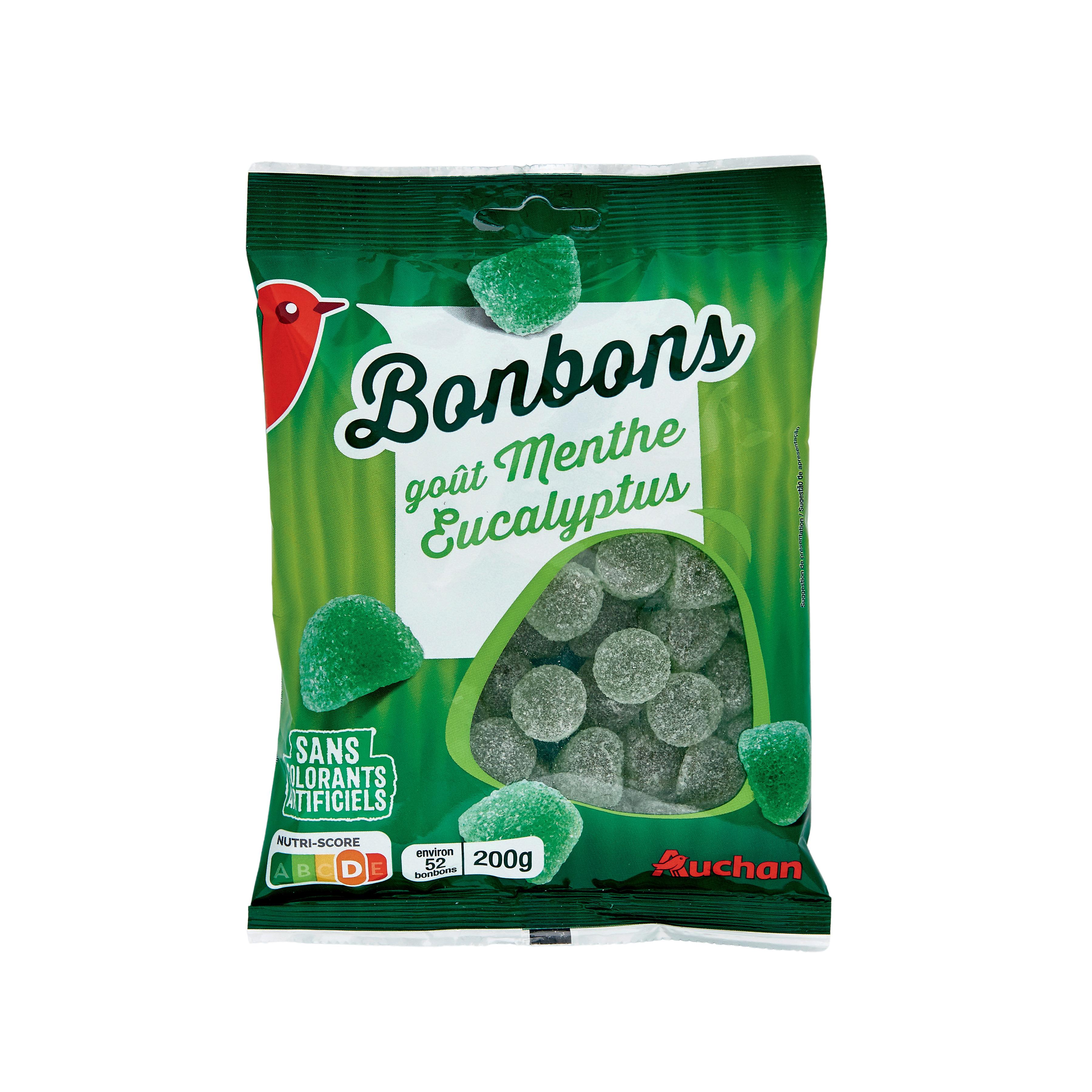 Voir la diapositive 2 : AUCHAN Bonbons goût menthe eucalyptus environ 52 bonbons 200g
