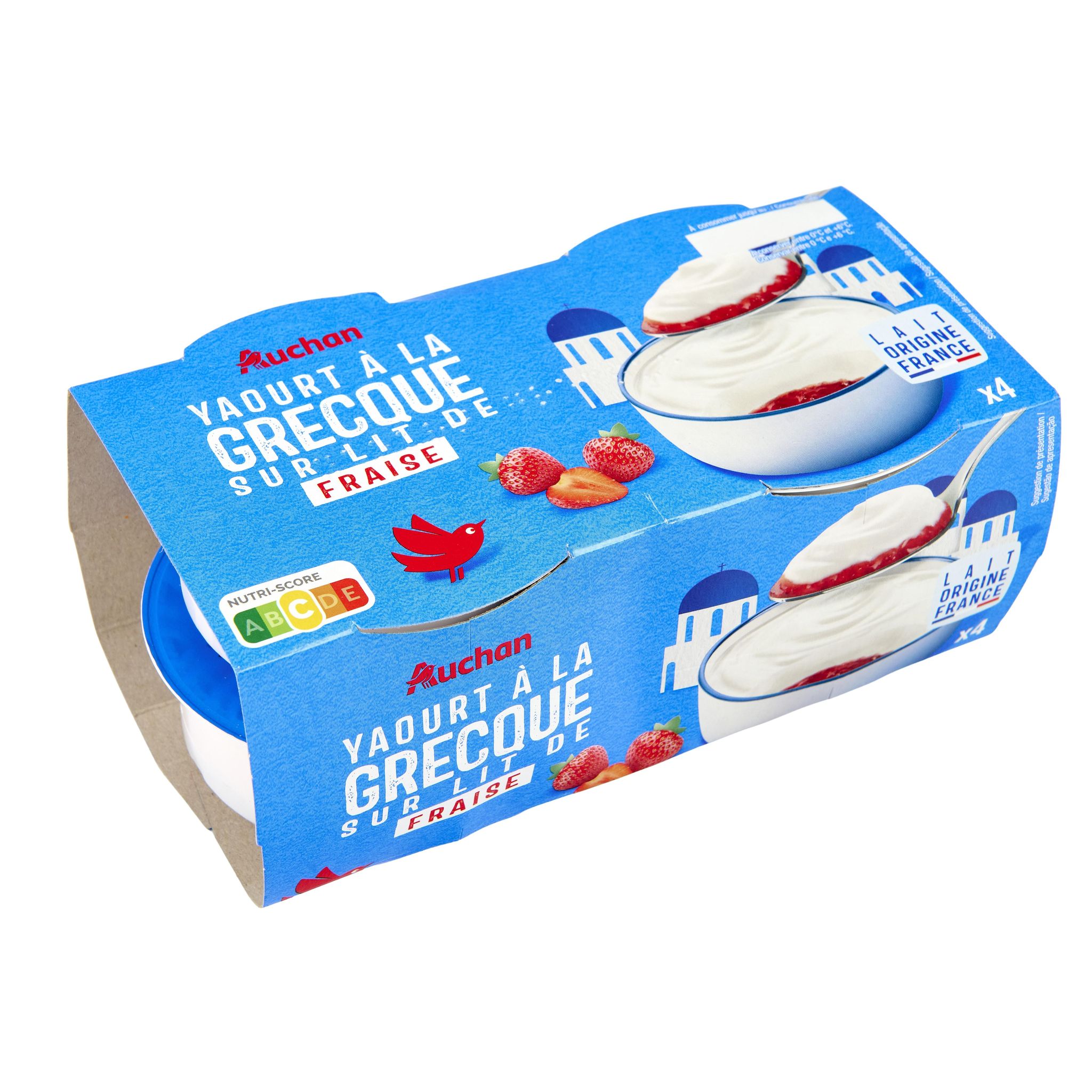 Voir la diapositive 2 : AUCHAN Yaourt à la grecque sur lit de fraises 4x150g