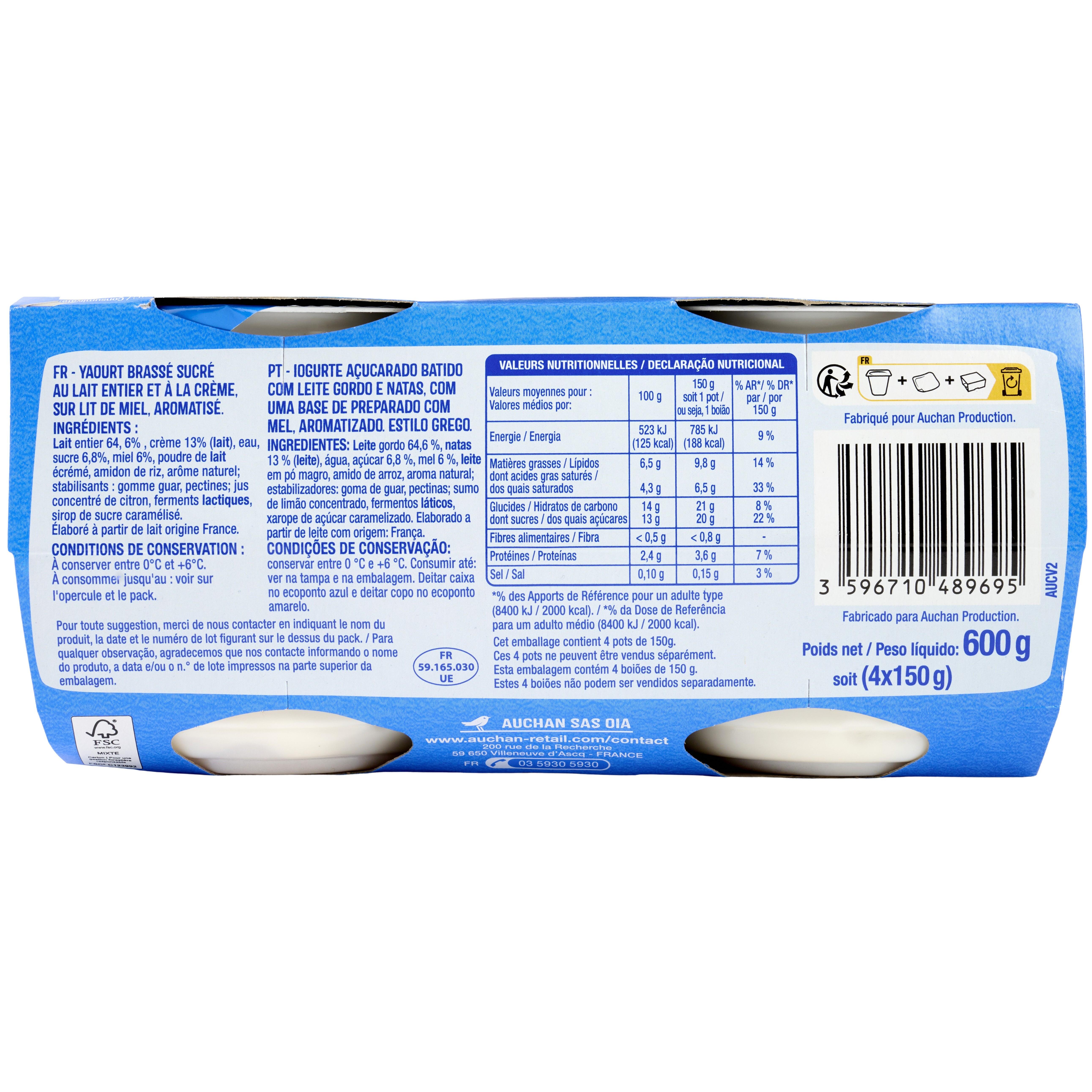 Voir la diapositive 2 : AUCHAN Yaourt à la grecque sur lit de miel 4x150g