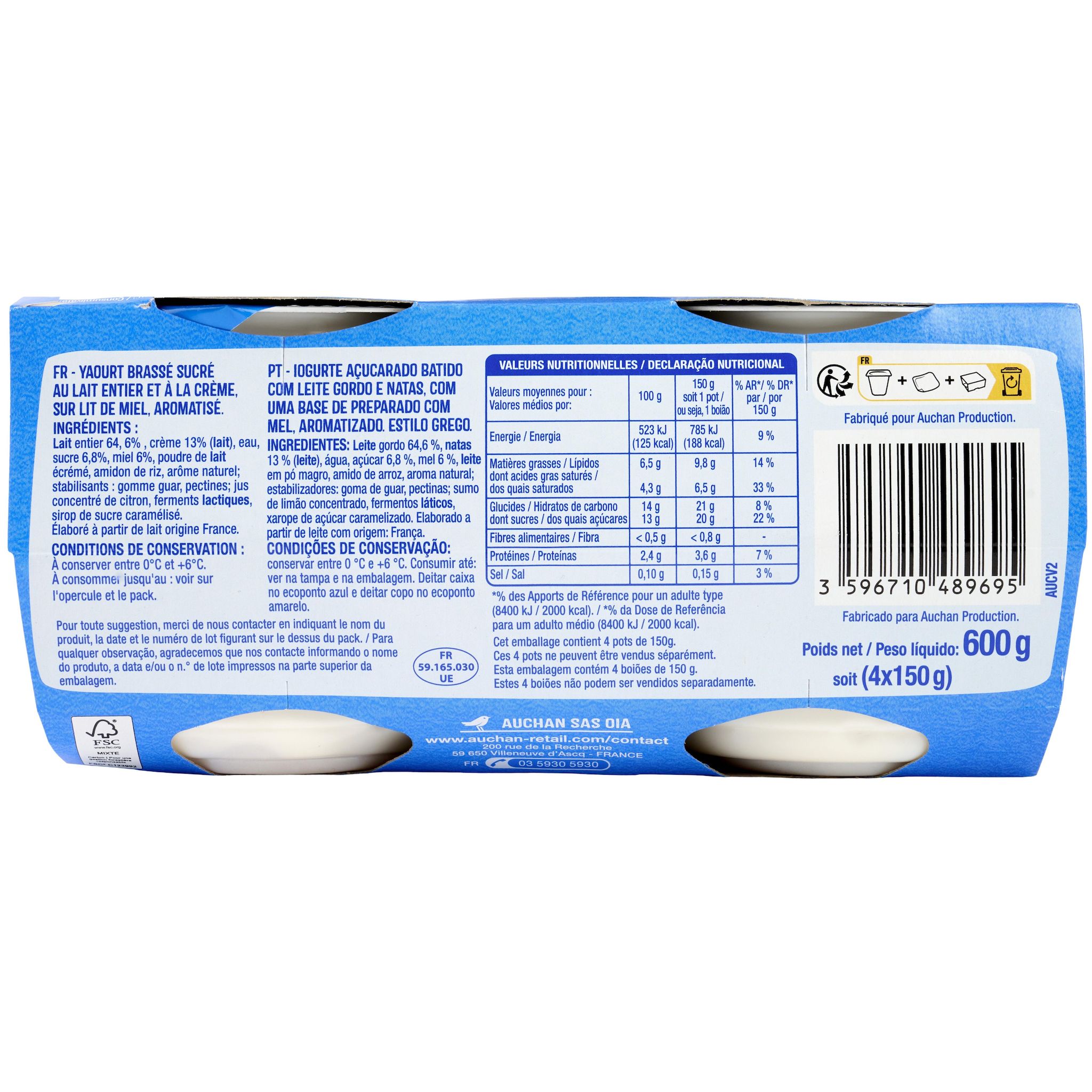 Voir la diapositive 3 : AUCHAN Yaourt à la grecque sur lit de miel 4x150g