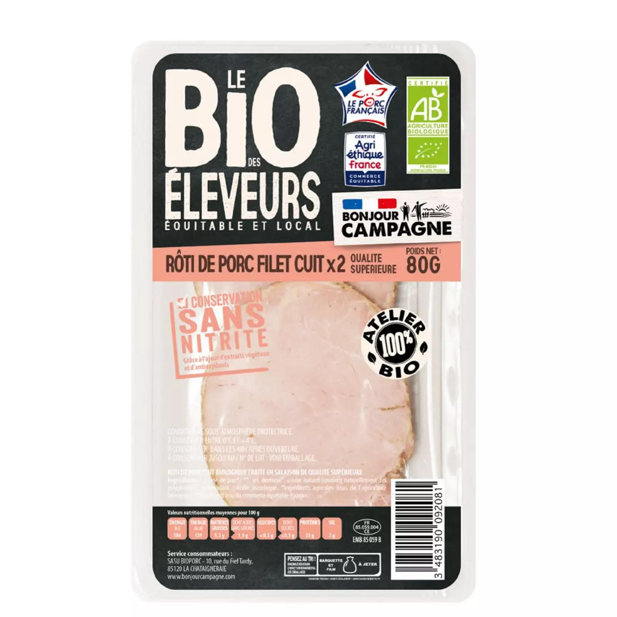BONJOUR CAMPAGNE Roti de porc bio filet cuit sans nitrite 2 pièces 80g