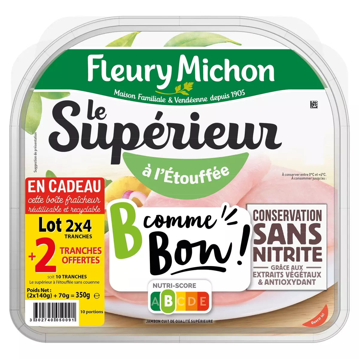 FLEURY MICHON Le supérieur jambon cuit à l'étouffée découenné sans nitrite avec boîte fraîcheur offerte  2x4 tranches+2 offertes 350g