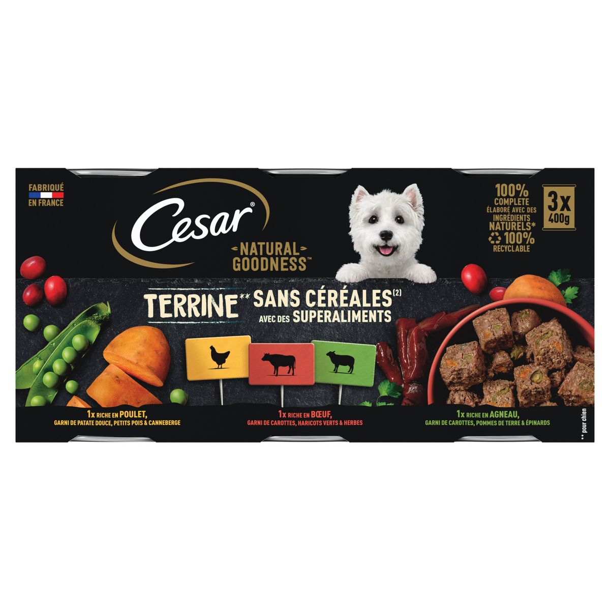 CESAR Natural Goodness terrines poulet boeuf et agneau pour chien 3x400g