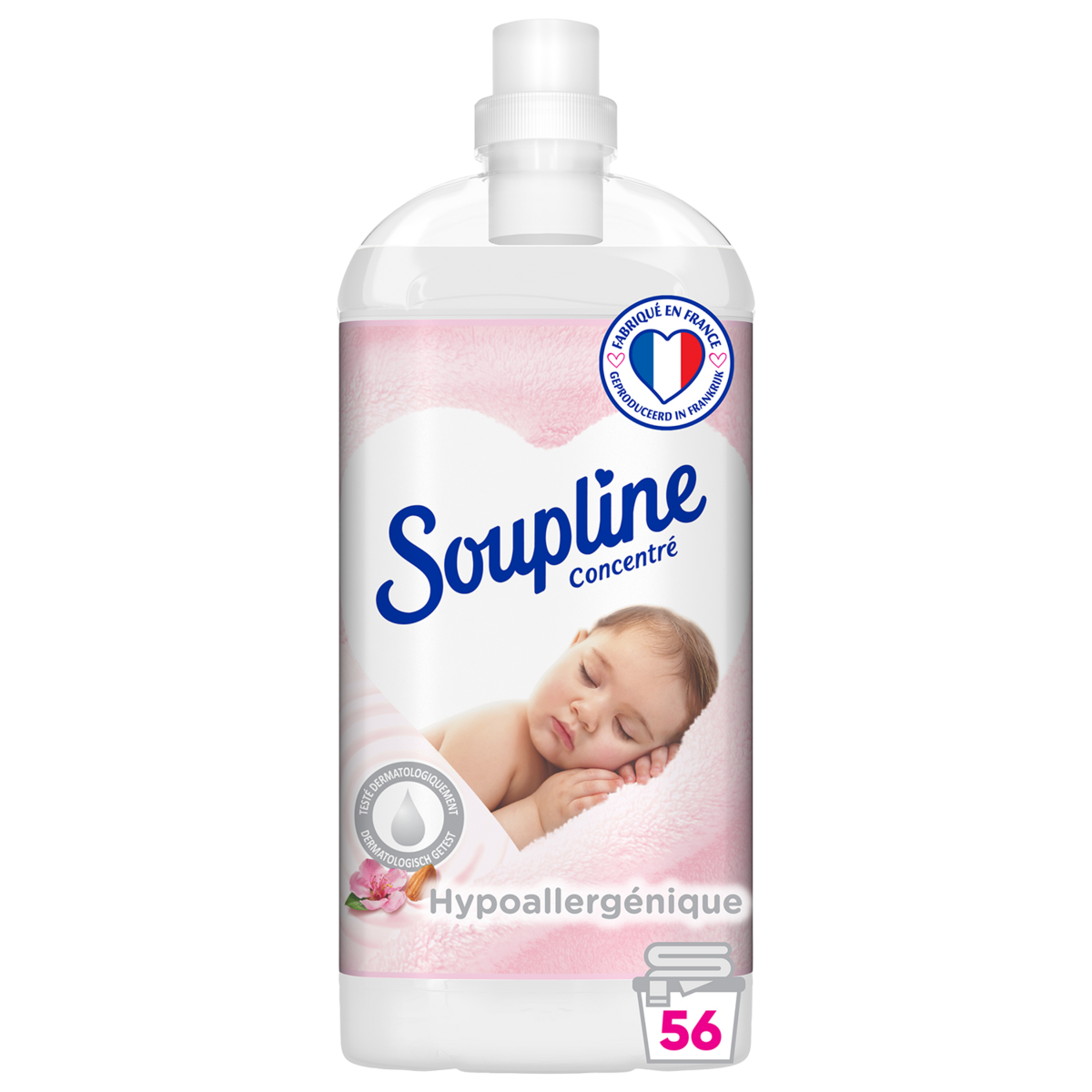 SOUPLINE Adoucissant concentré hypoallergénique au lait d'amande douce 56 lavages 1,3l