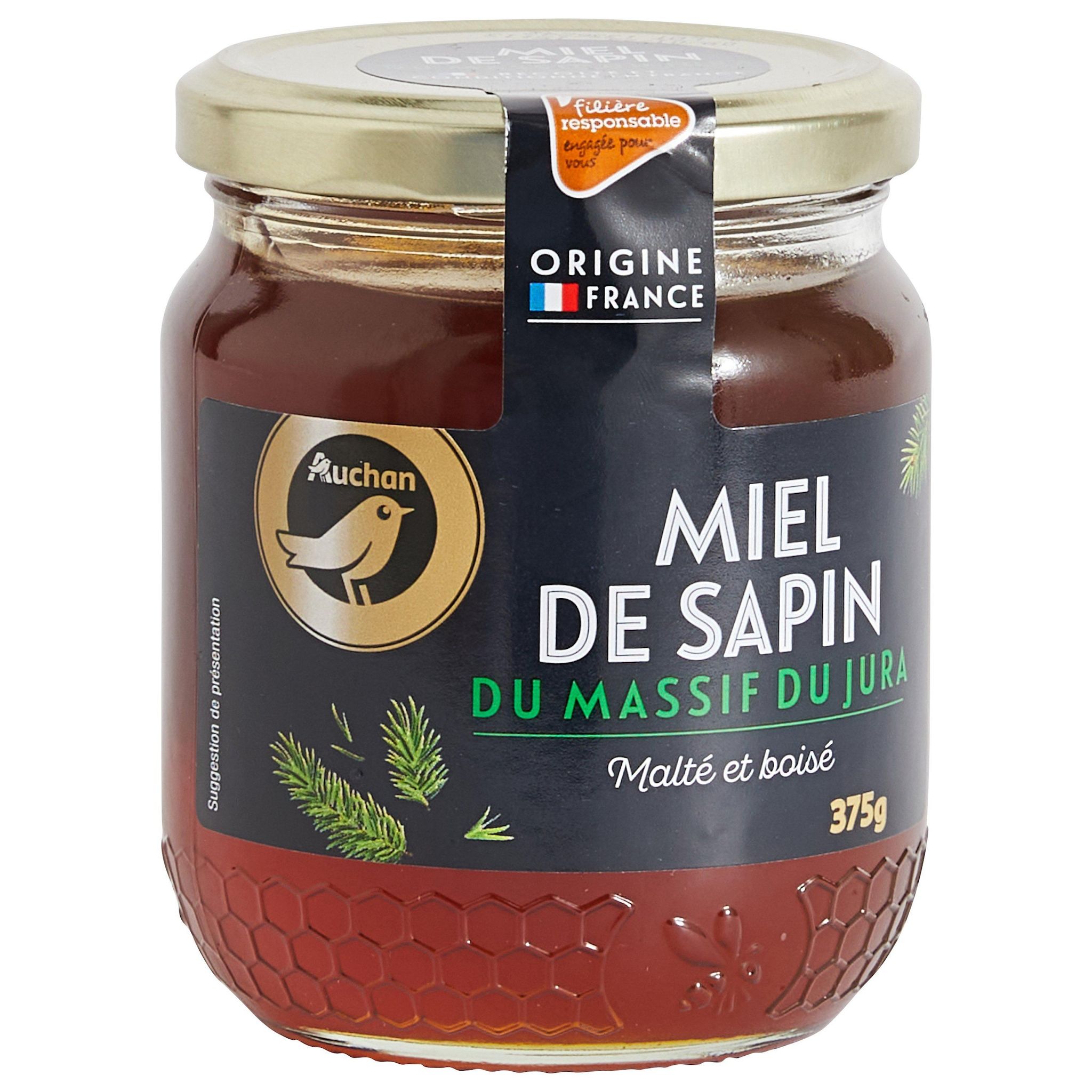 Voir la diapositive 3 : AUCHAN GOURMET CULTIVONS LE BON Miel liquide de sapin du massif du Jura malté et boisé 375g