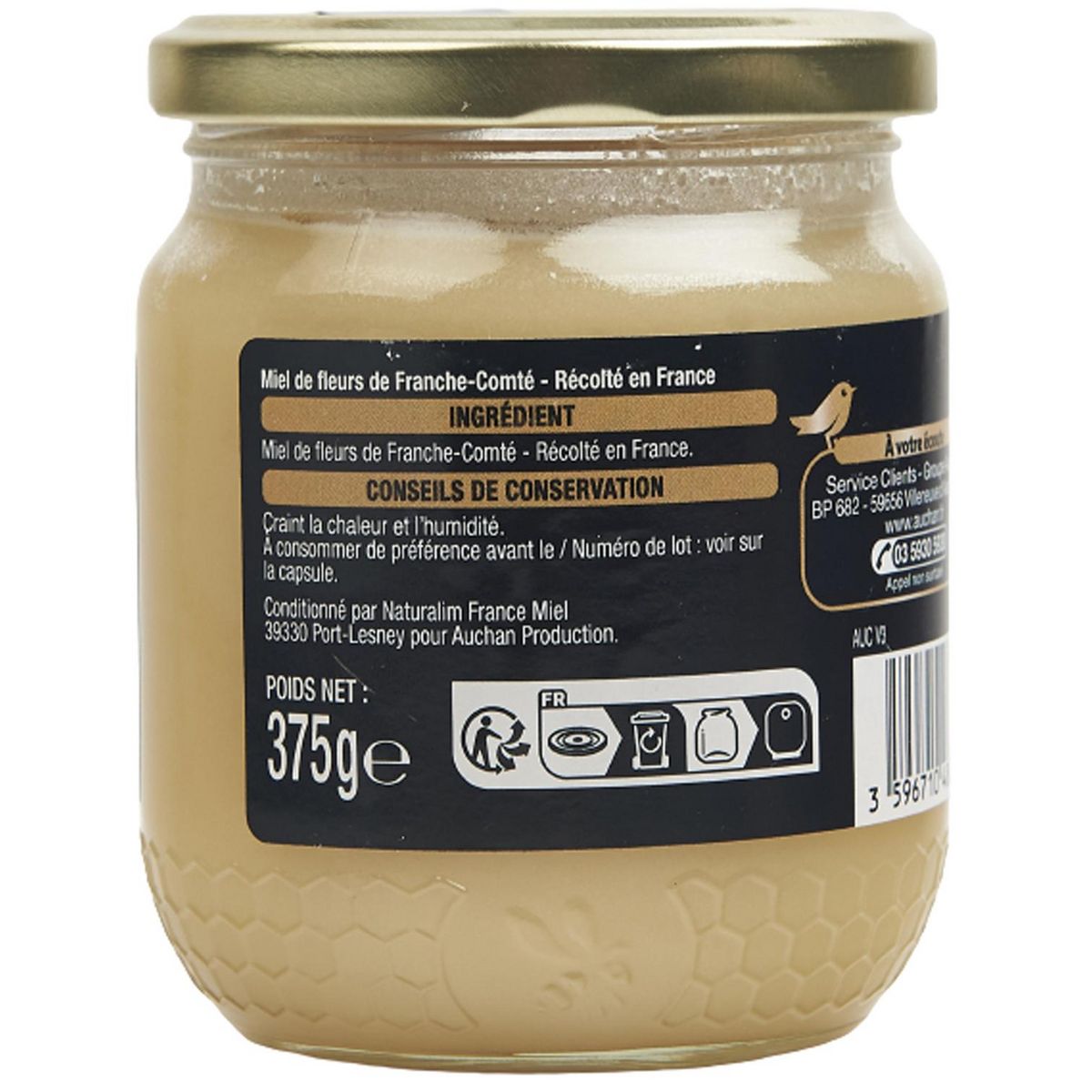 AUCHAN GOURMET CULTIVONS LE BON Miel crémeux de fleurs de Franche-Comté frais et boisé 375g