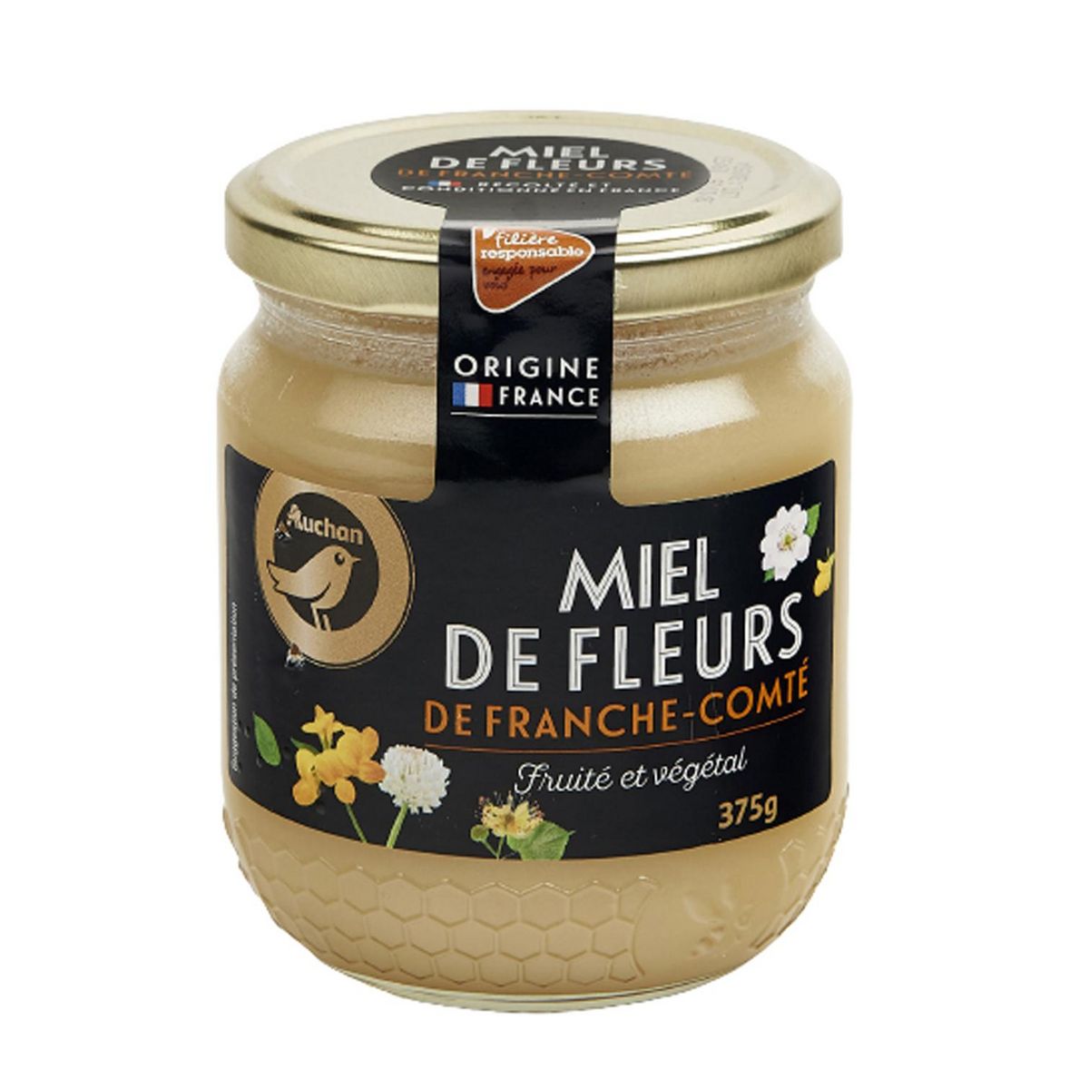 AUCHAN GOURMET CULTIVONS LE BON Miel crémeux de fleurs de Franche-Comté frais et boisé 375g