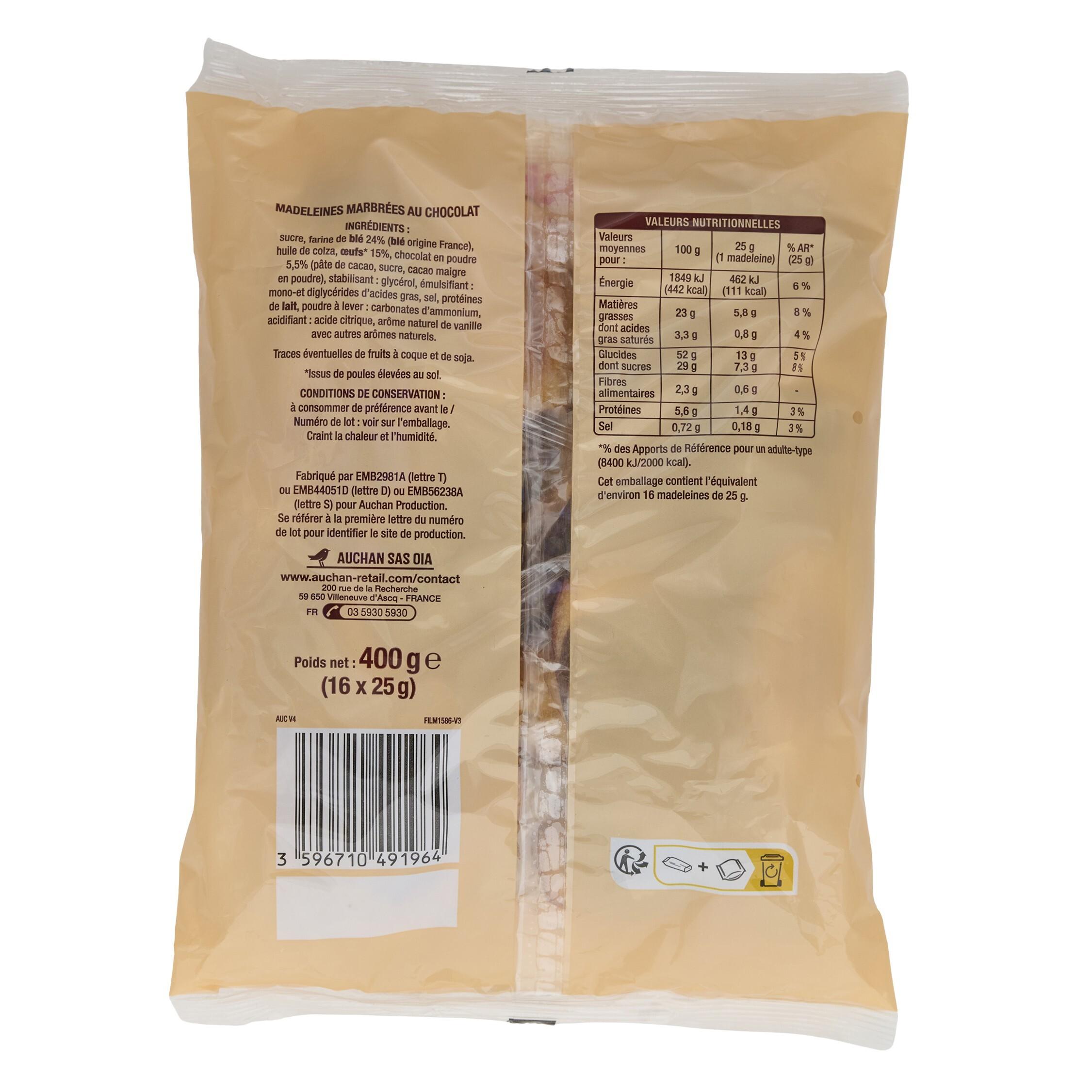 Voir la diapositive 2 : AUCHAN Madeleines coquilles marbrées au chocolat sachets individuels 16 pièces 400g