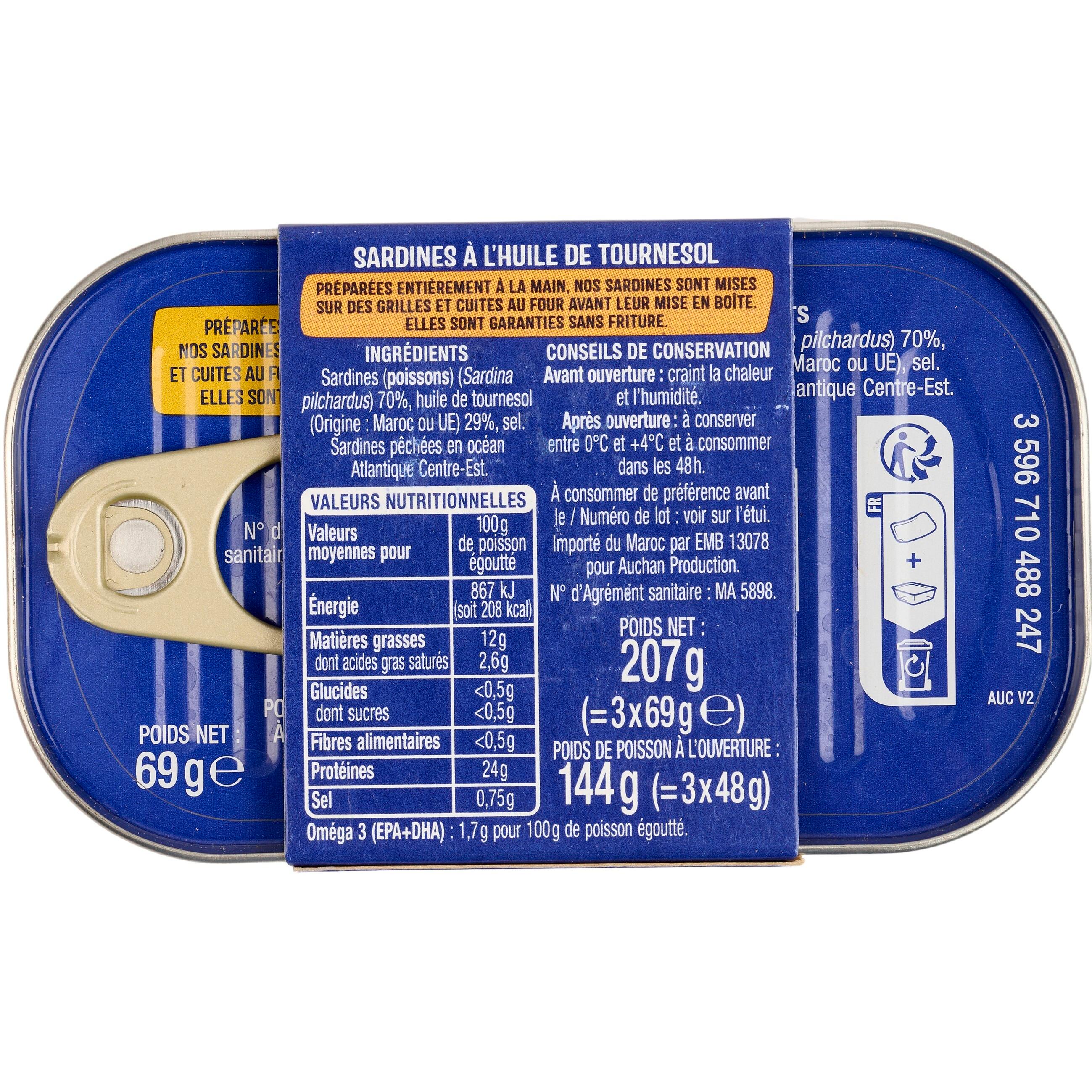 Voir la diapositive 2 : AUCHAN Sardines à l'huile de tournesol 3x69g