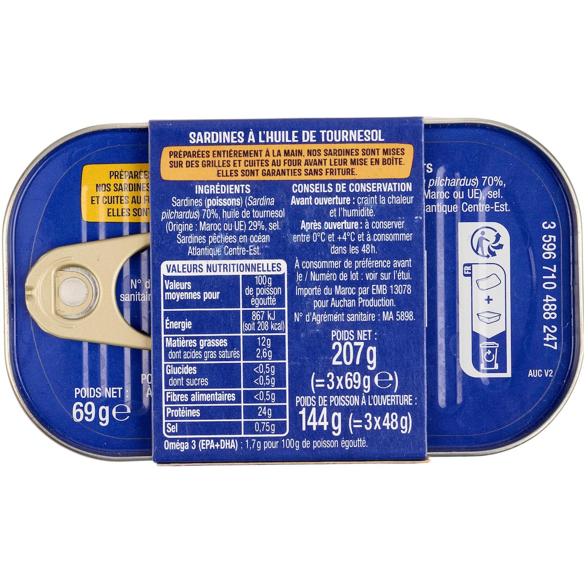AUCHAN Sardines à l'huile de tournesol 3x69g