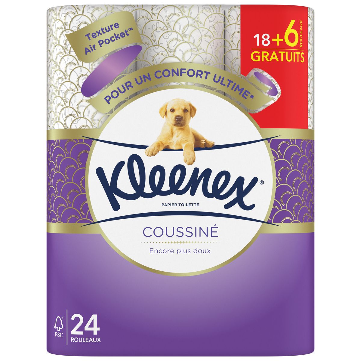 KLEENEX Coussiné papier toilette avec touche de soie 18+6 offerts 24 rouleaux