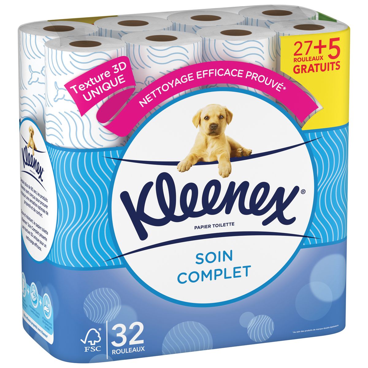 KLEENEX Papier toilette soin complet texture 3D double épaisseur 32 rouleaux 